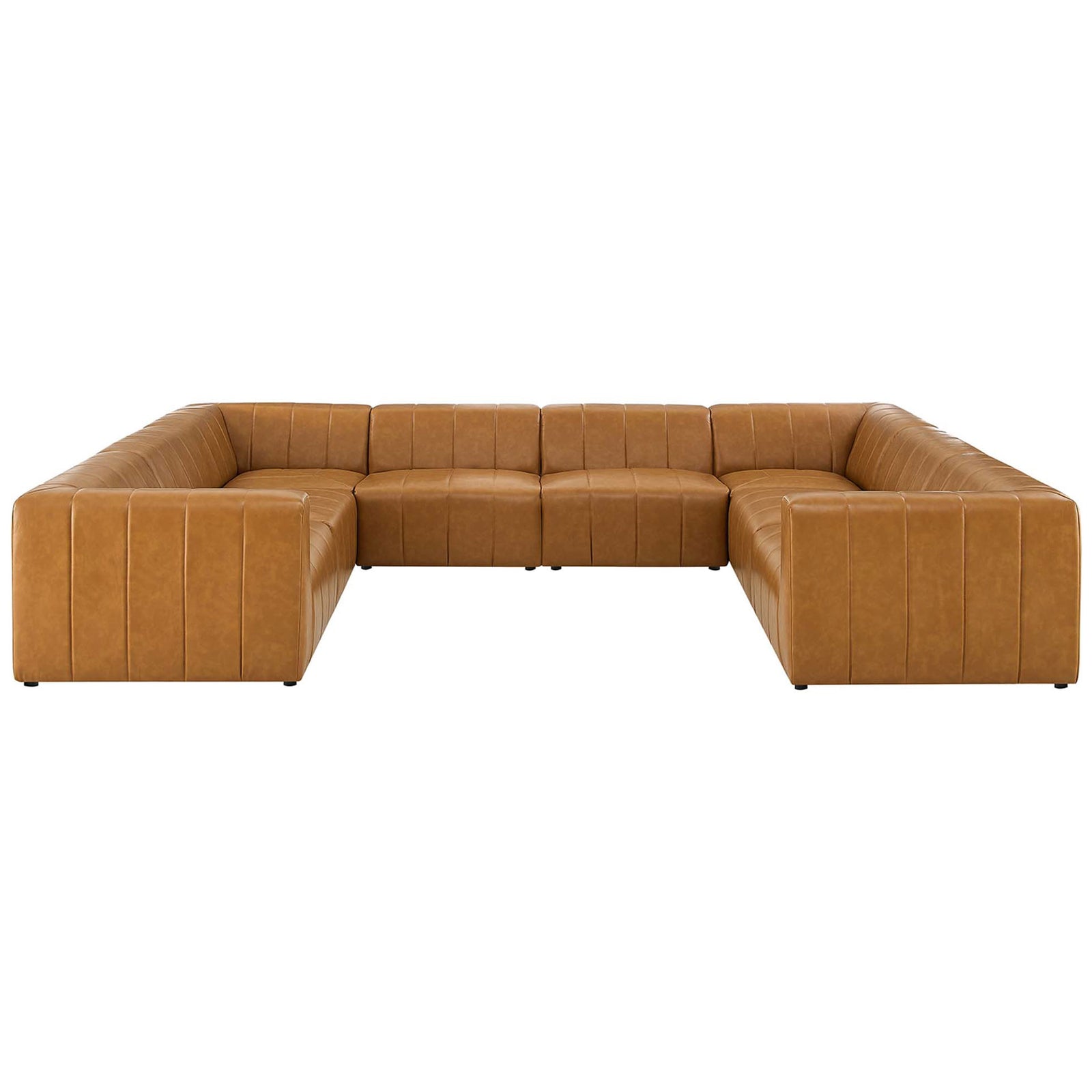 Tan vegan leather u-shaped 8-piece sectional sofa with channel tufted cushions || EEI-4536-TAN || front_angle_studio