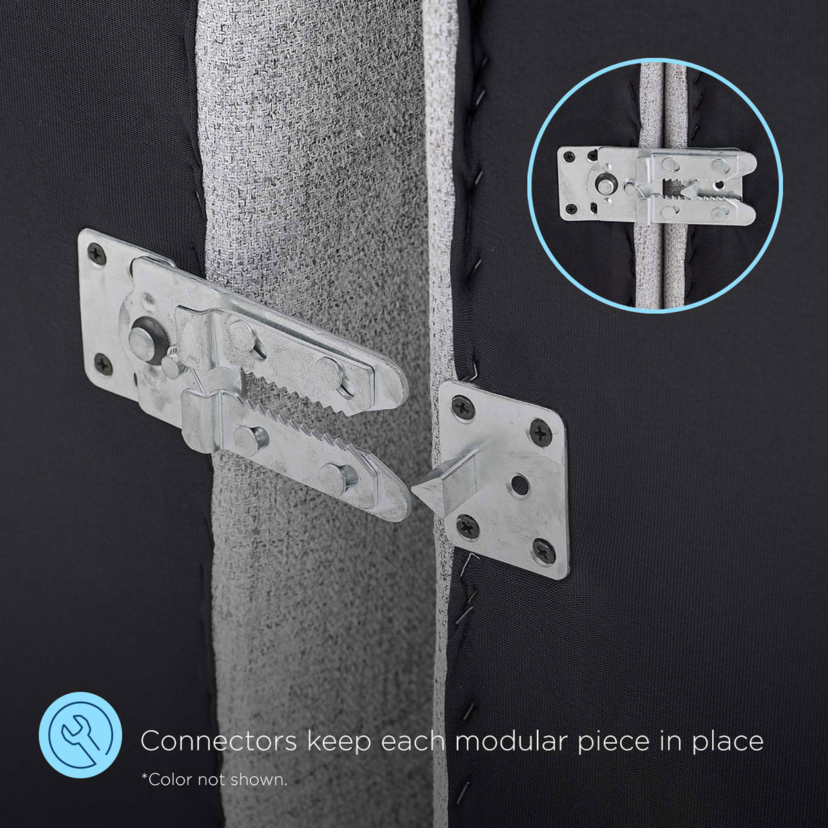 Metal modular sofa connectors that lock Bartlett sectional pieces securely together || EEI-4536-TAN || callout_studio