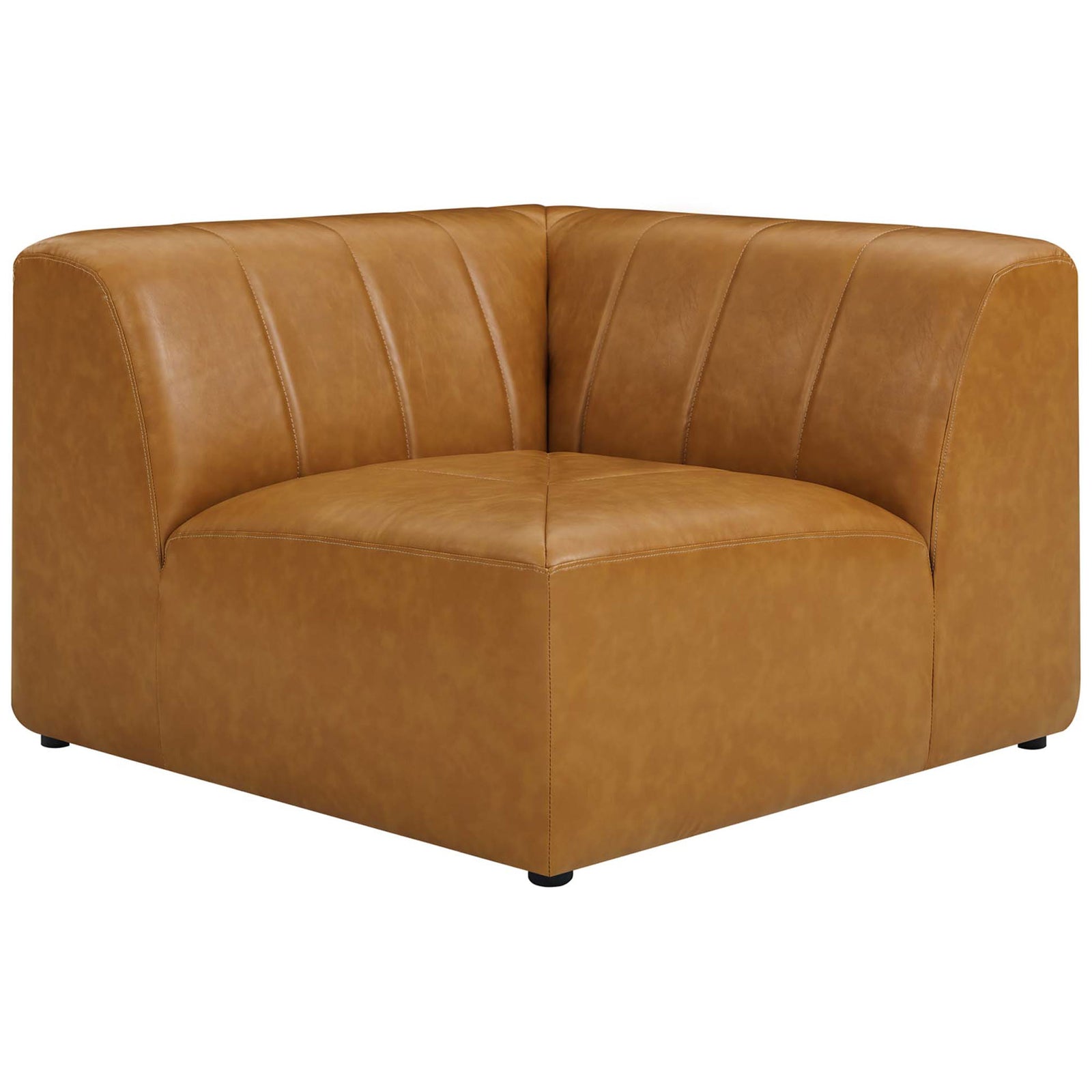 Tan vegan leather corner chair module with generous seating and wraparound backrests || EEI-4536-TAN || front_angle_partial_studio
