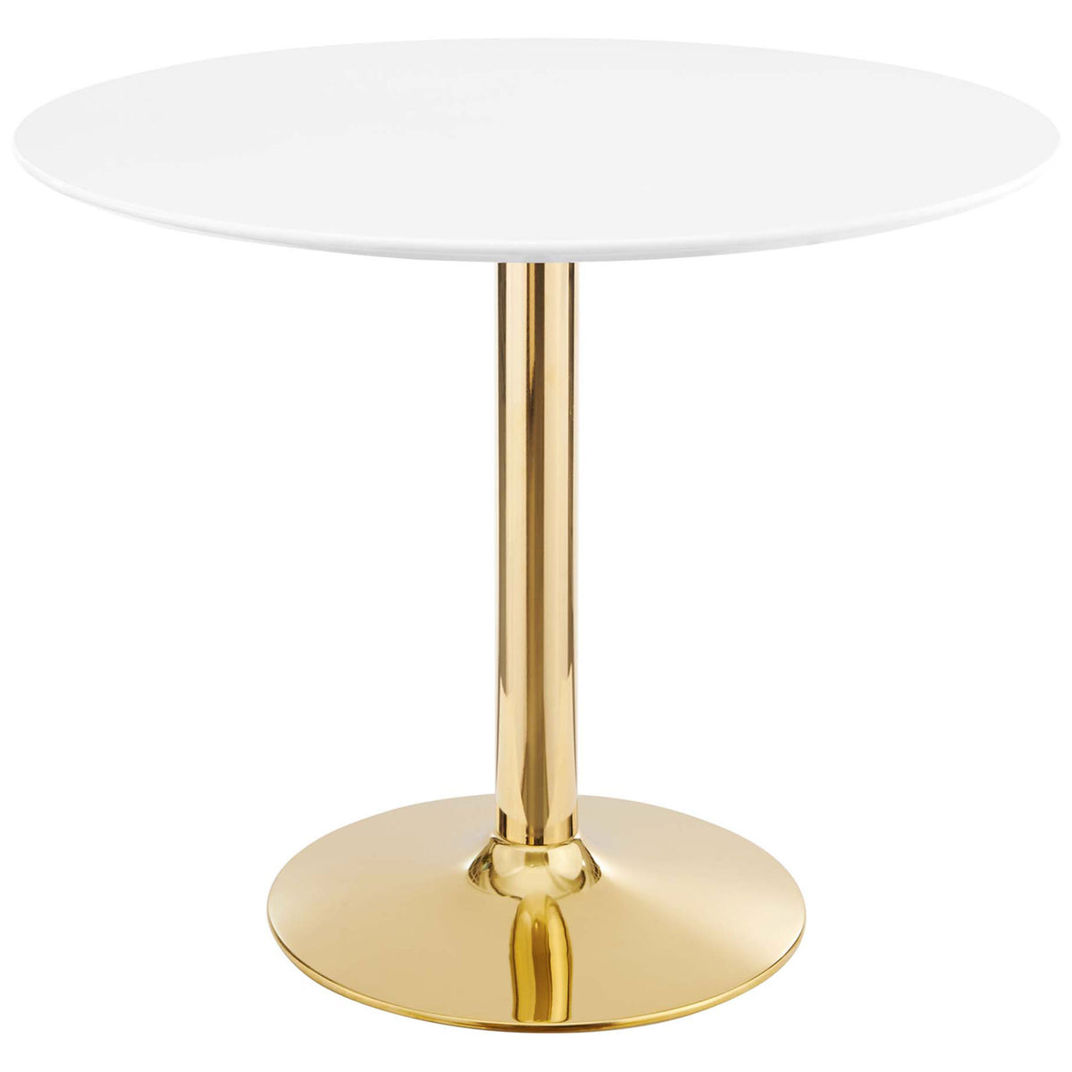 Sleek 35-inch round white dining table with gleaming gold pedestal base for modern spaces || EEI-4544-GLD-WHI || front_studio