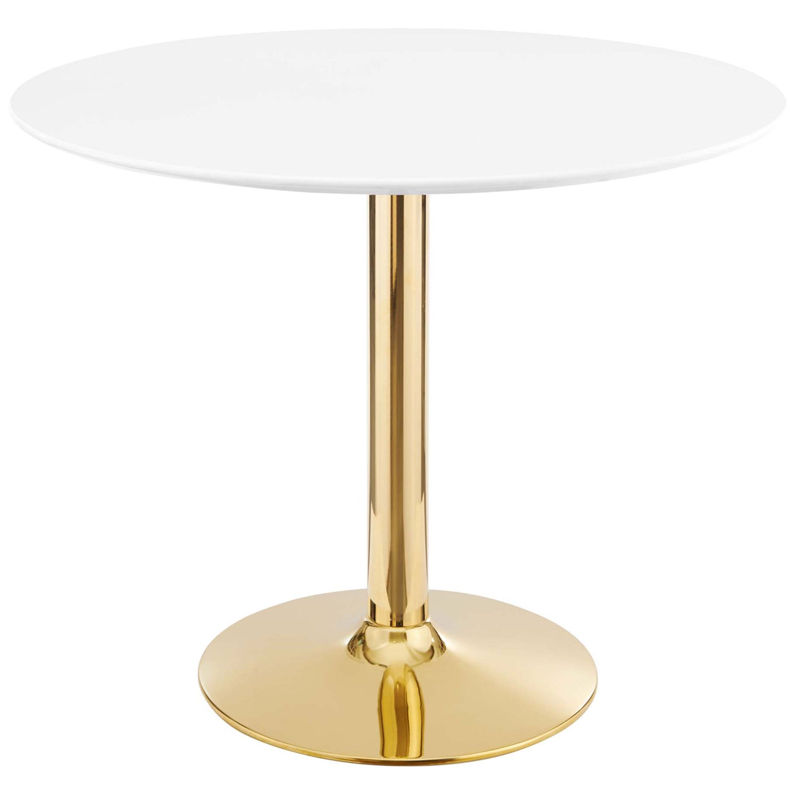 Sleek 35-inch round white dining table with gleaming gold pedestal base for modern spaces || EEI-4544-GLD-WHI || front_studio