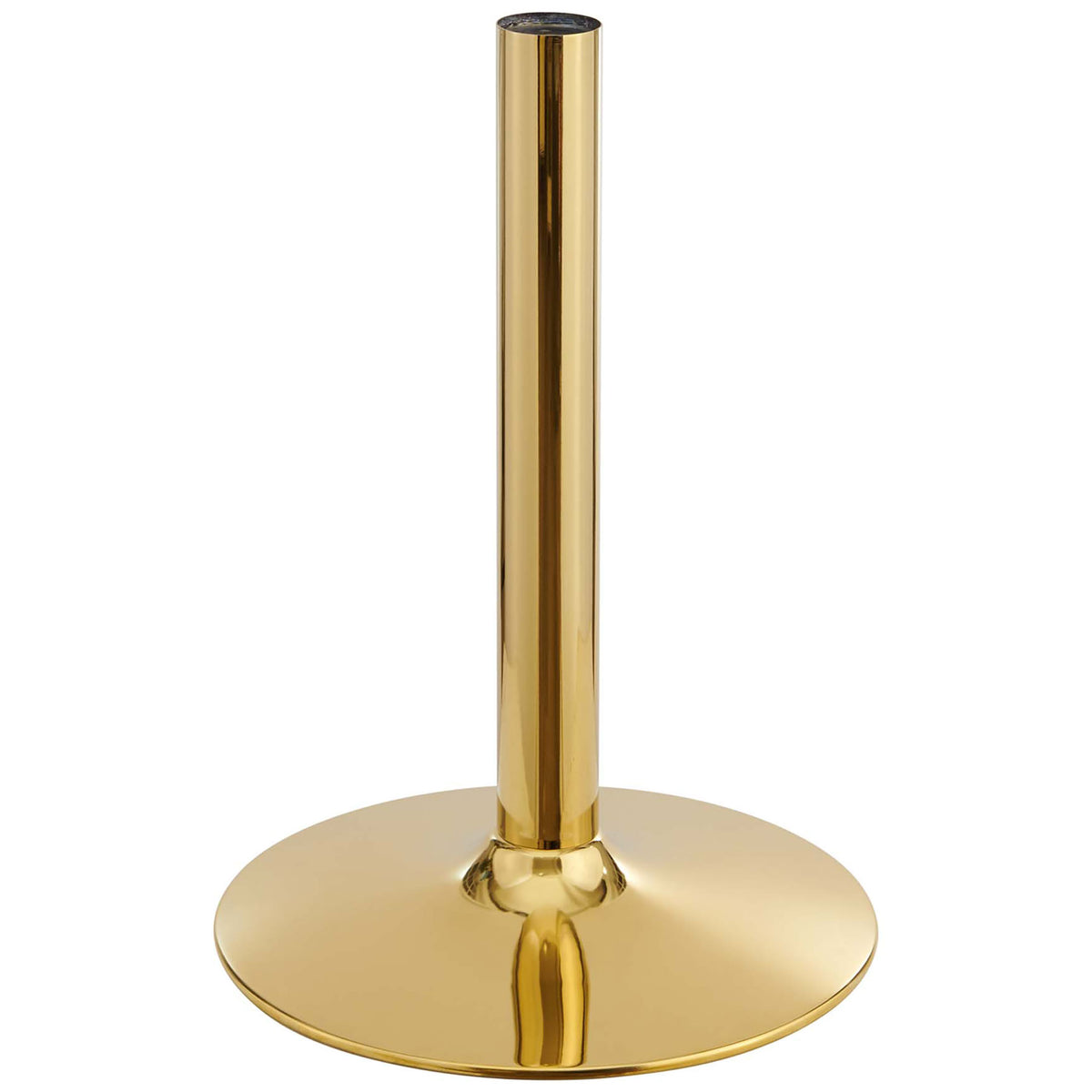 Polished gold metal pedestal and wide round base providing sturdy support for the Verne table || EEI-4544-GLD-WHI || leg_studio