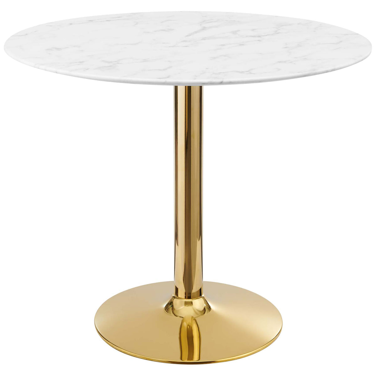 Compact round faux marble dining table with sleek gold pedestal base || EEI-4549-GLD-WHI || front_studio
