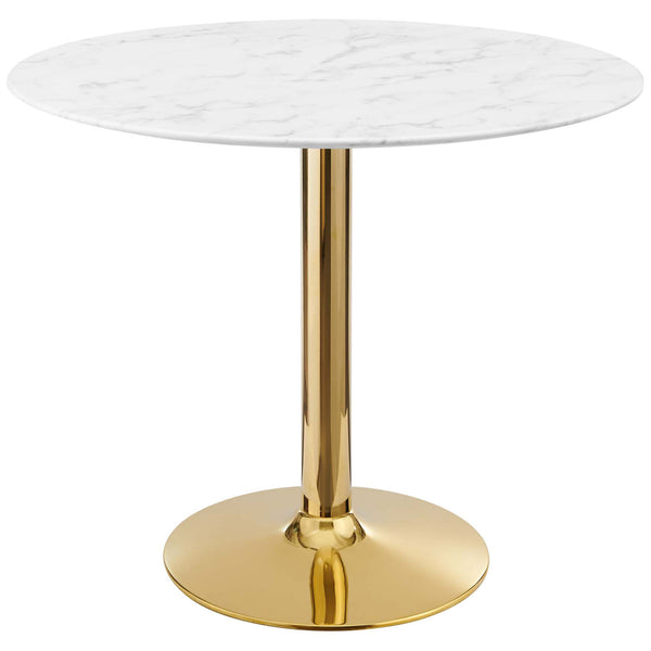 Compact round faux marble dining table with sleek gold pedestal base || EEI-4549-GLD-WHI || front_studio