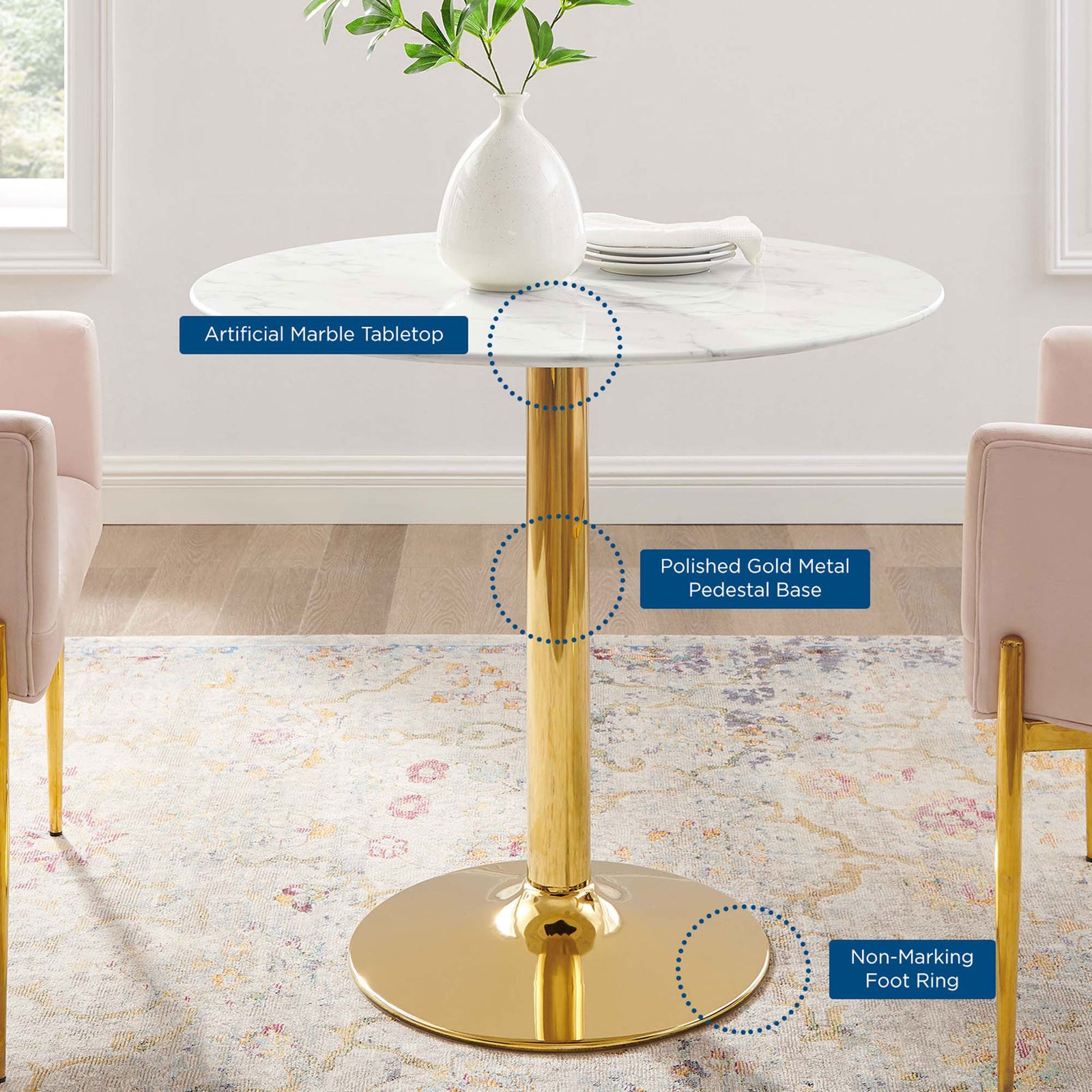 Verne dining table highlighting artificial marble top, gold pedestal, and floor-safe ring || EEI-4549-GLD-WHI || callout_room