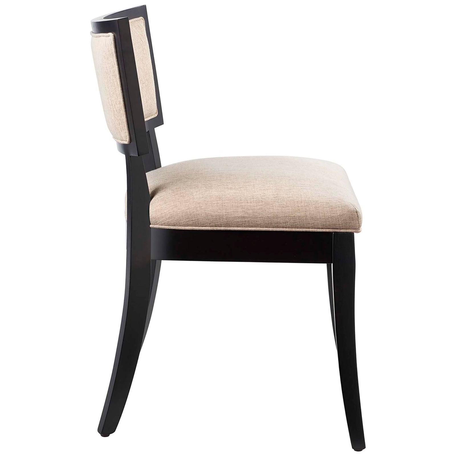 Dining chair highlighting the contoured backrest, thick cushioned seat, and elegantly splayed back legs || EEI-4557-BEI || side_studio