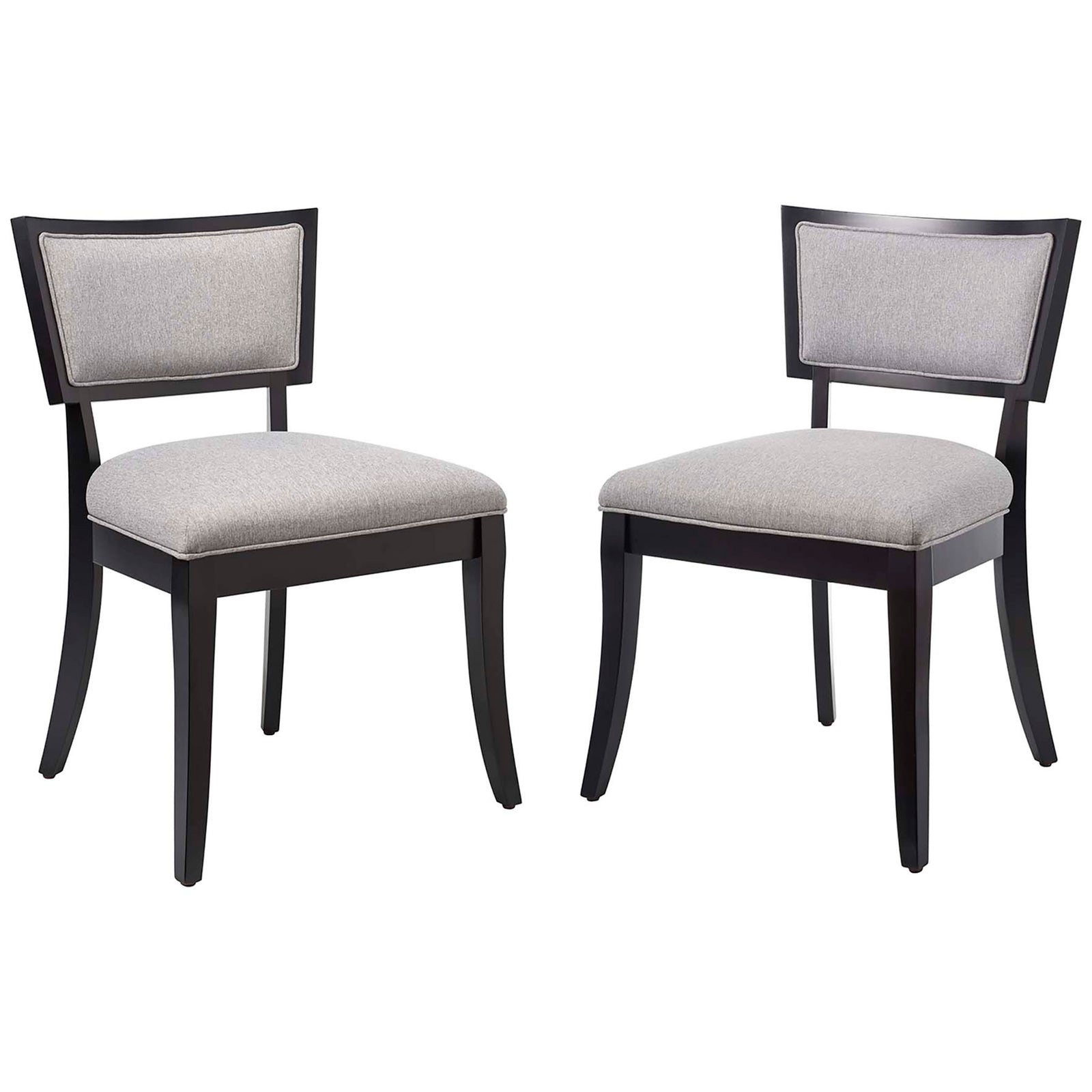 Set of two light gray upholstered dining chairs with tapered black wood legs and padded backs || EEI-4557-LGR || front_angle_multi_studio