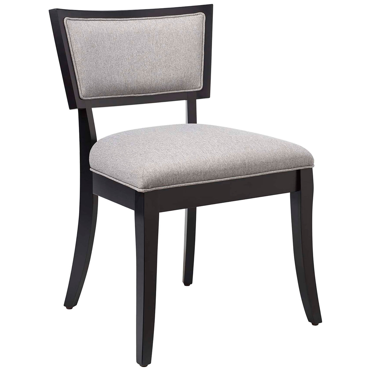 Light gray upholstered dining chair with cushioned seat and contrasting black wood frame || EEI-4557-LGR || front_angle_studio