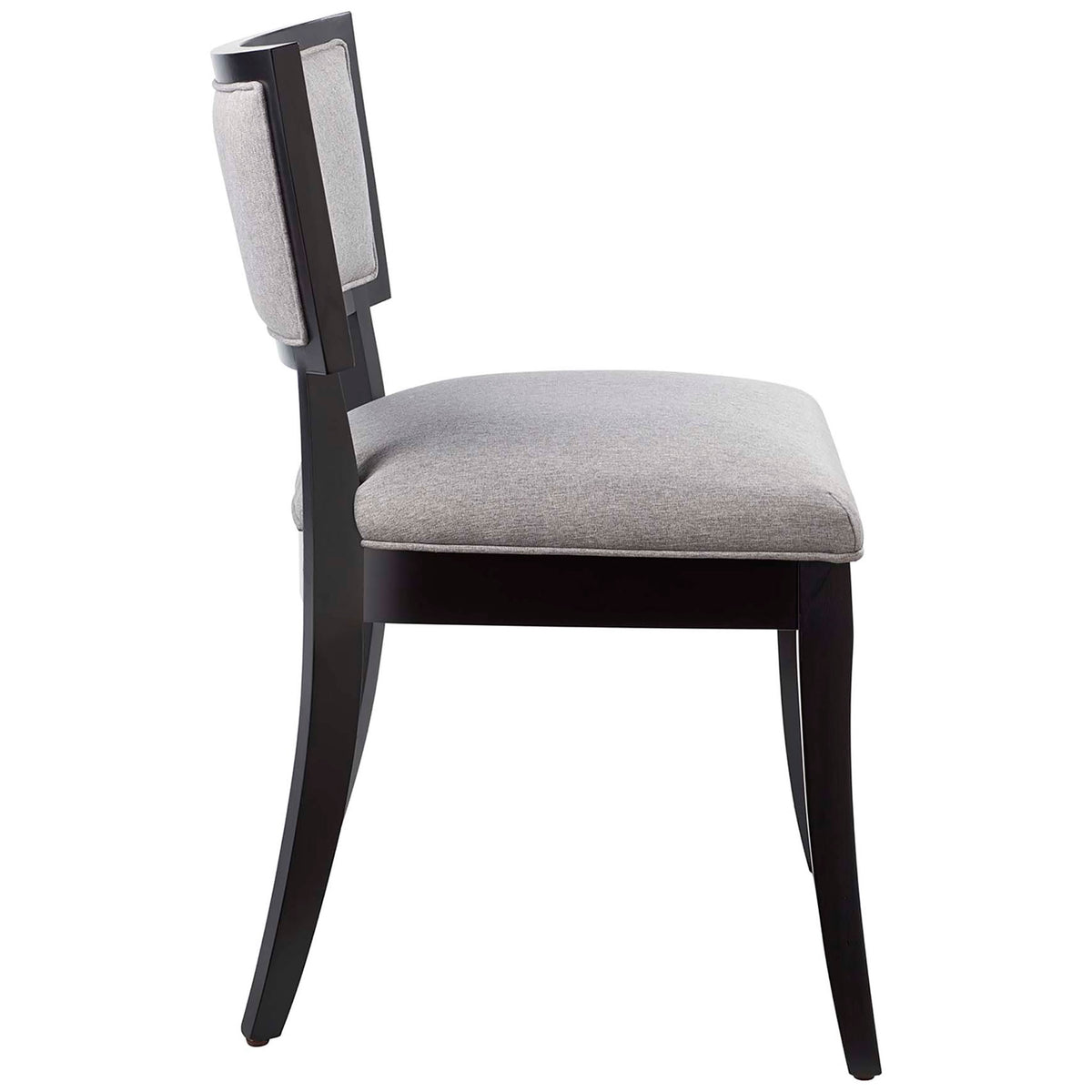 Side view of light gray dining chair showcasing curved backrest and flared rear legs || EEI-4557-LGR || side_studio