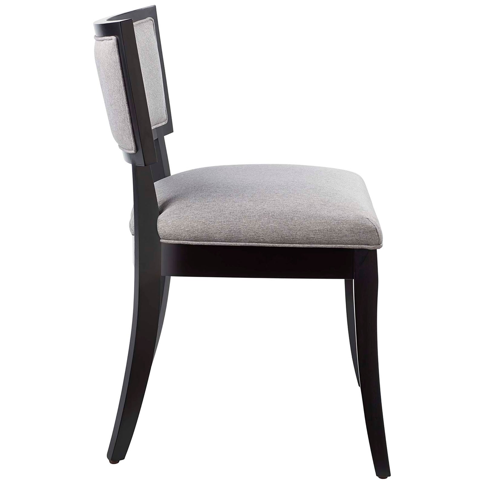 Side view of light gray dining chair showcasing curved backrest and flared rear legs || EEI-4557-LGR || side_studio