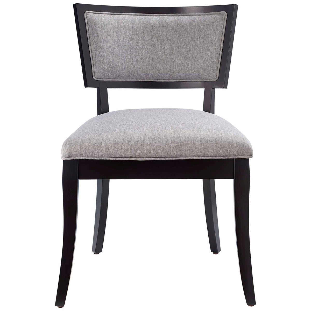 Front view of light gray upholstered dining chair with wide padded seat and tailored piping || EEI-4557-LGR || front_studio
