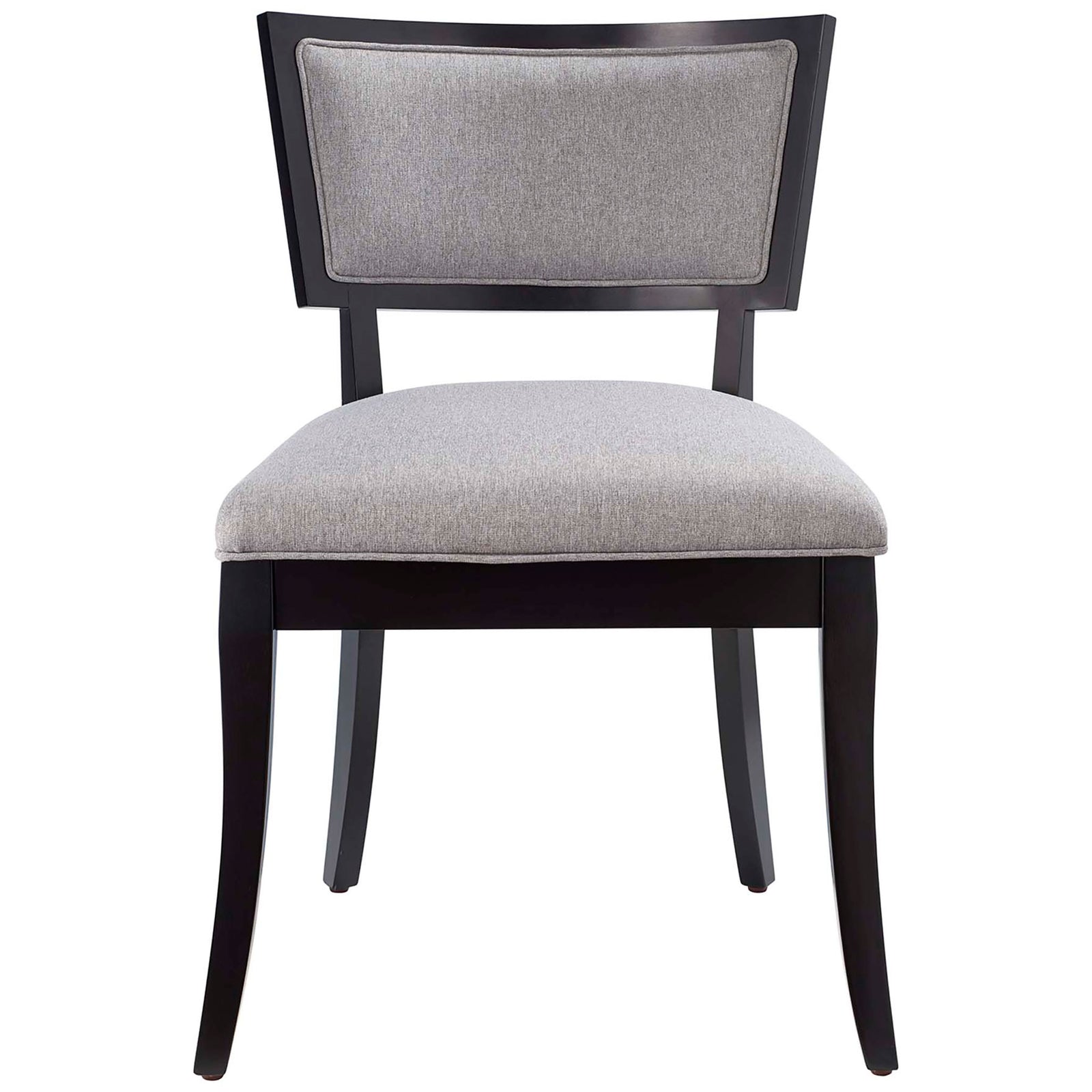 Front view of light gray upholstered dining chair with wide padded seat and tailored piping || EEI-4557-LGR || front_studio