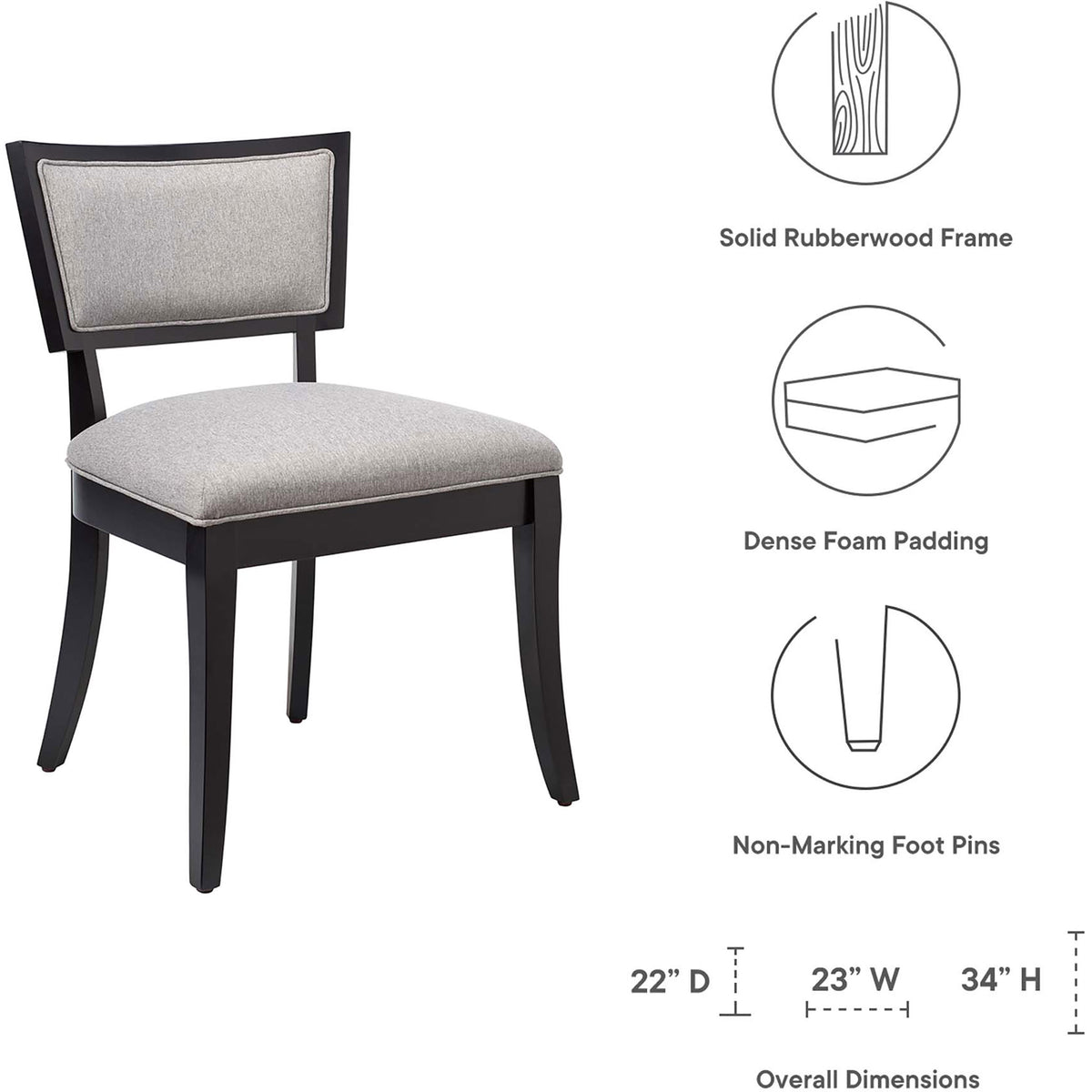 Light gray upholstered dining chair with callouts for solid rubberwood frame, dense foam padding, and dimensions || EEI-4557-LGR || dimension_studio