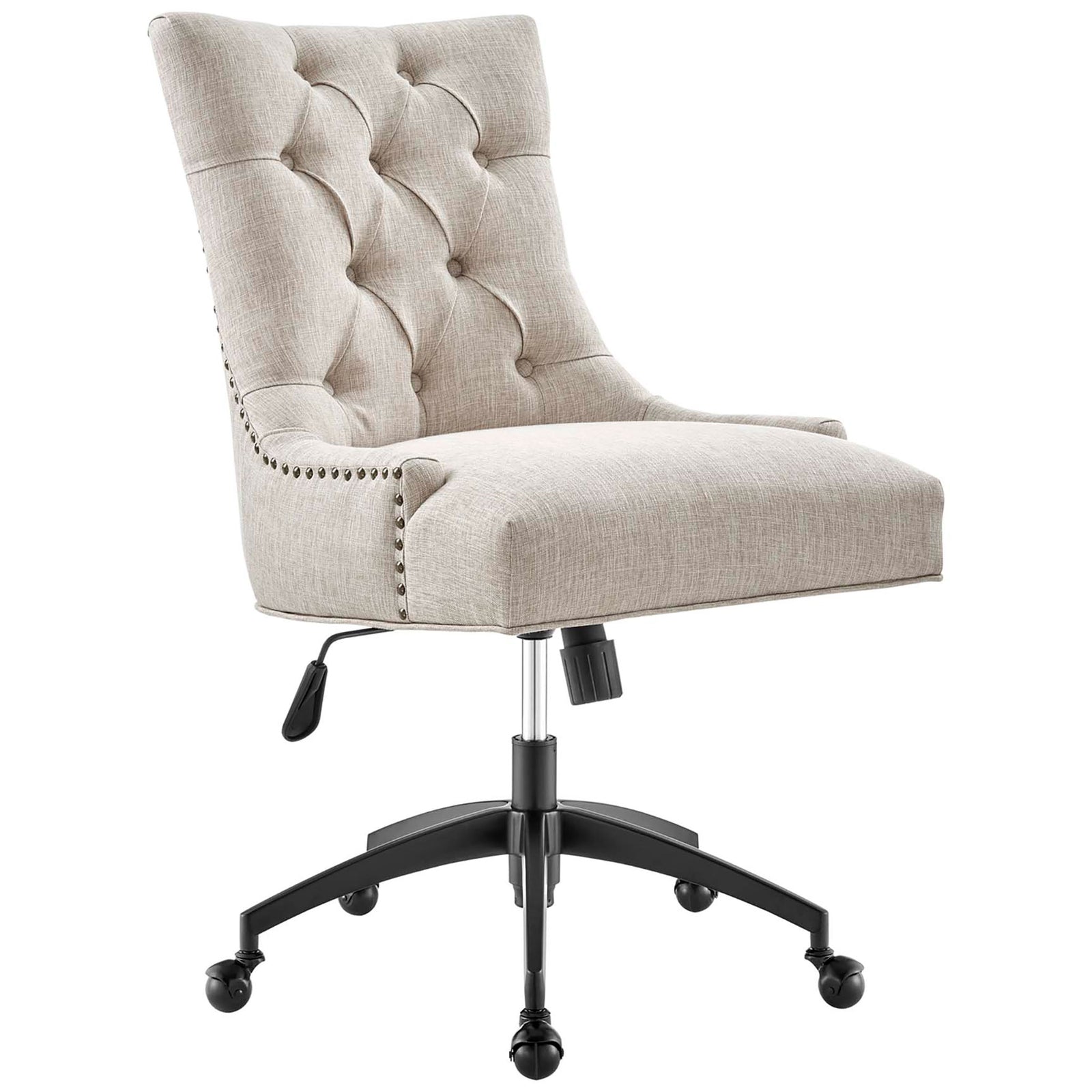 Tufted beige armless office chair with nailhead trim and black rolling caster base || EEI-4572-BLK-BEI || front_angle_studio