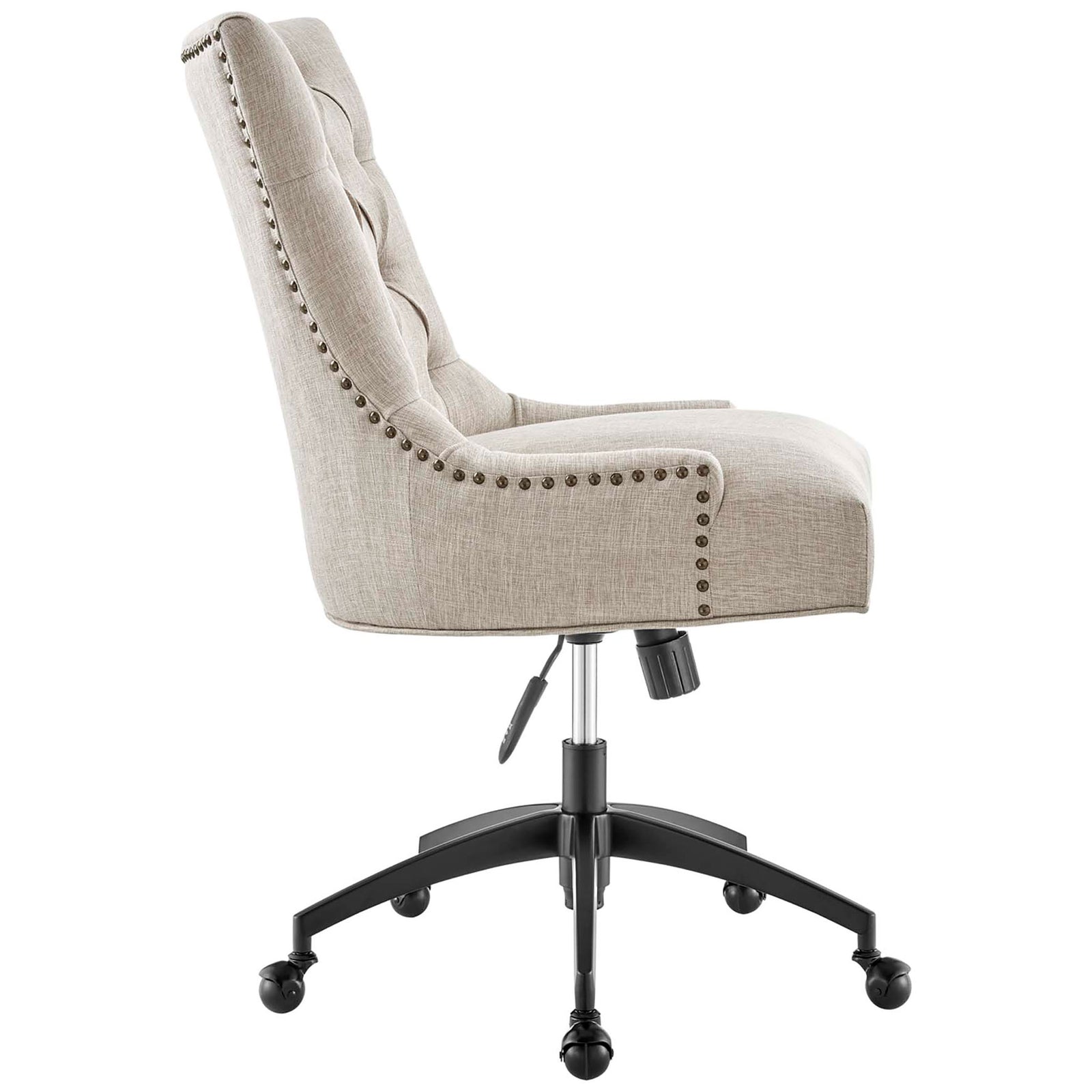 Beige upholstered office chair showing slim profile, tilt knob, and pneumatic lever details || EEI-4572-BLK-BEI || side_studio