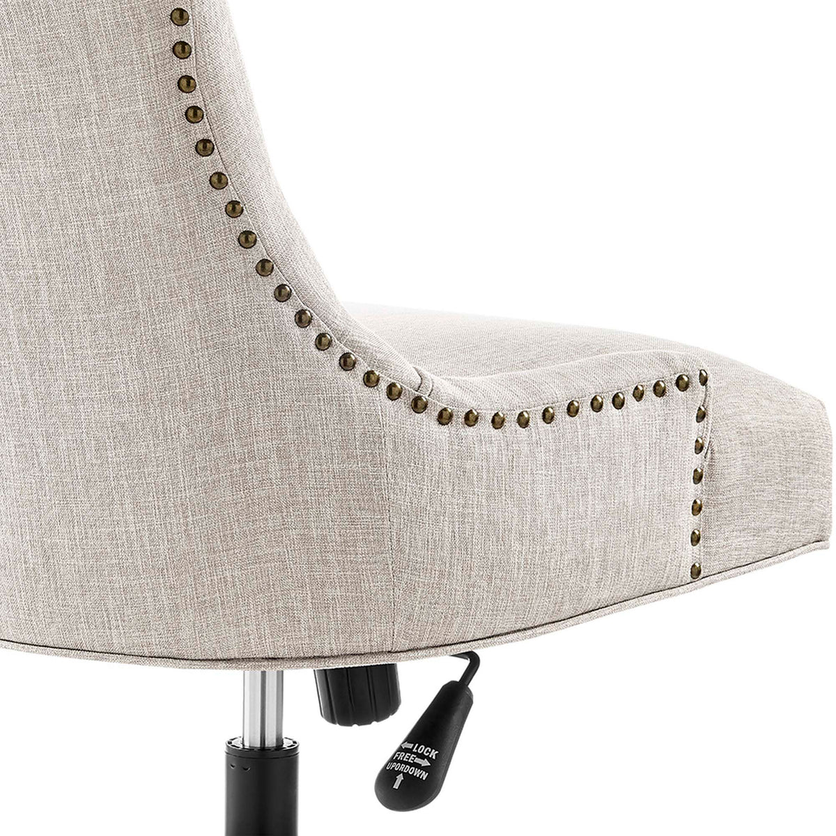 Beige fabric upholstery with nailhead trim and tilt control lever on office chair base || EEI-4572-BLK-BEI || detail_studio
