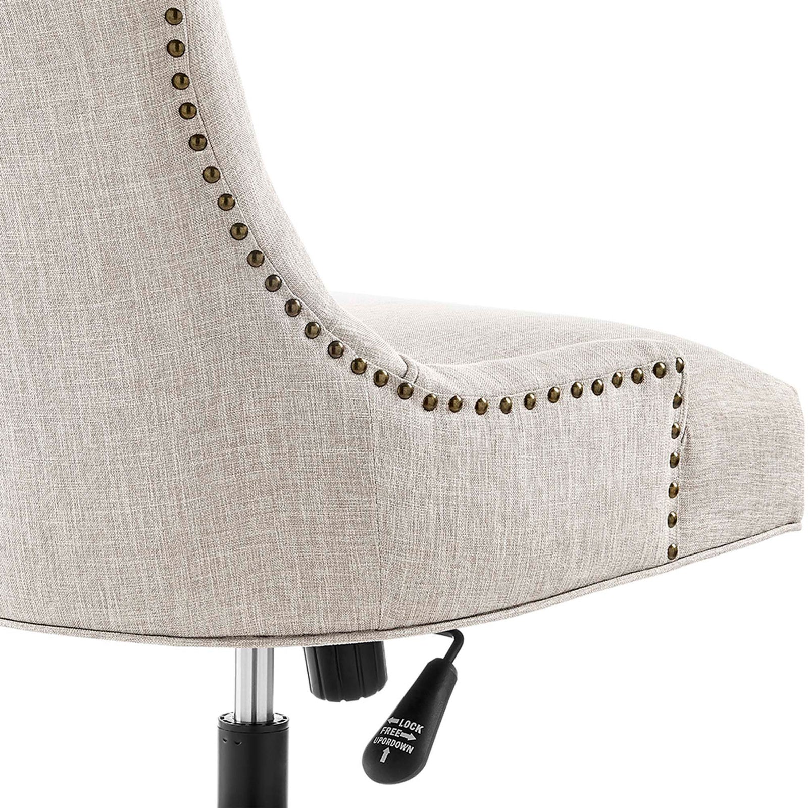 Beige fabric upholstery with nailhead trim and tilt control lever on office chair base || EEI-4572-BLK-BEI || detail_studio