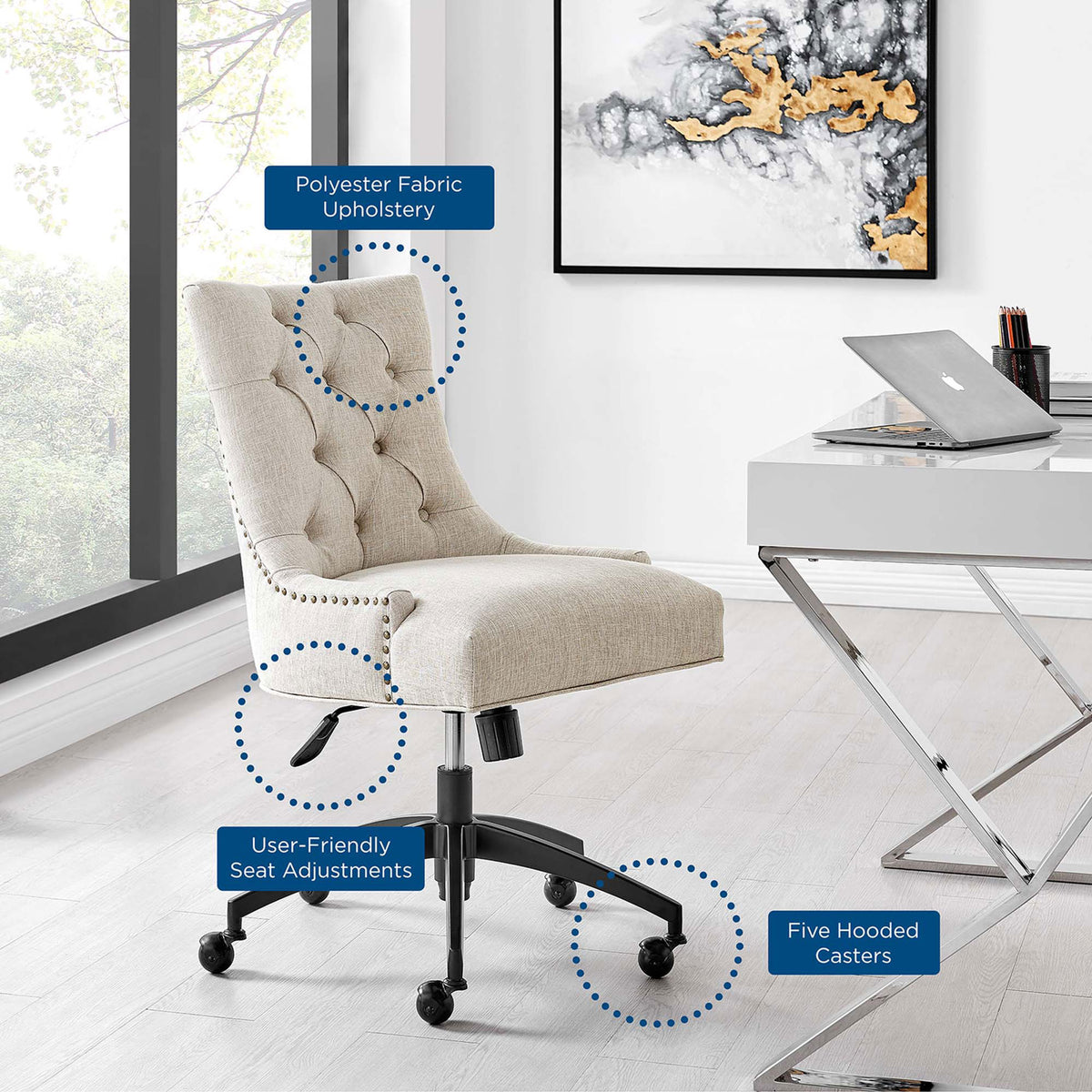 Beige tufted office chair in modern home office with callouts for fabric, adjustments, and casters || EEI-4572-BLK-BEI || callout_room