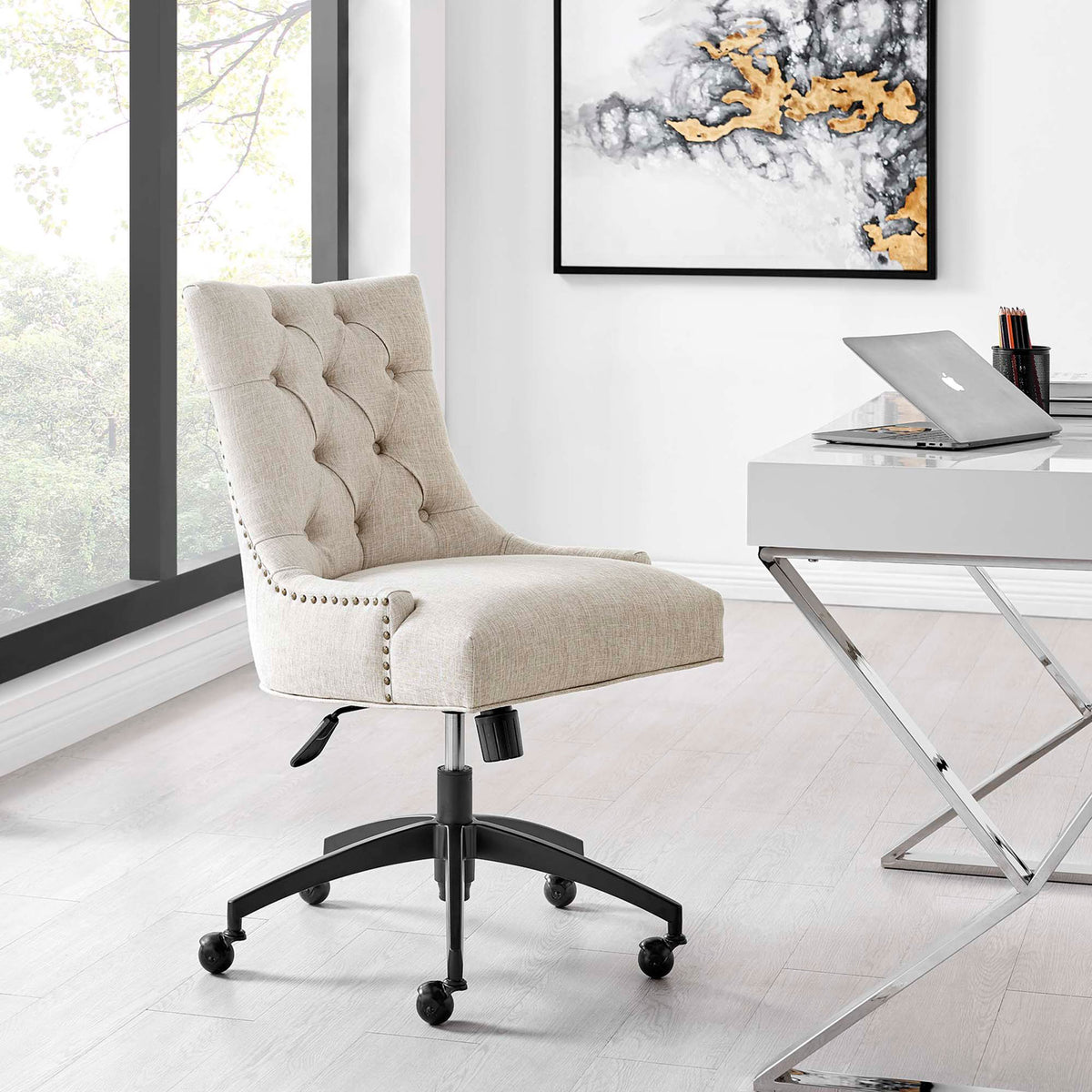 Tufted beige office chair by a sleek white desk, adding comfort and elegance to the workspace || EEI-4572-BLK-BEI || front_angle_room