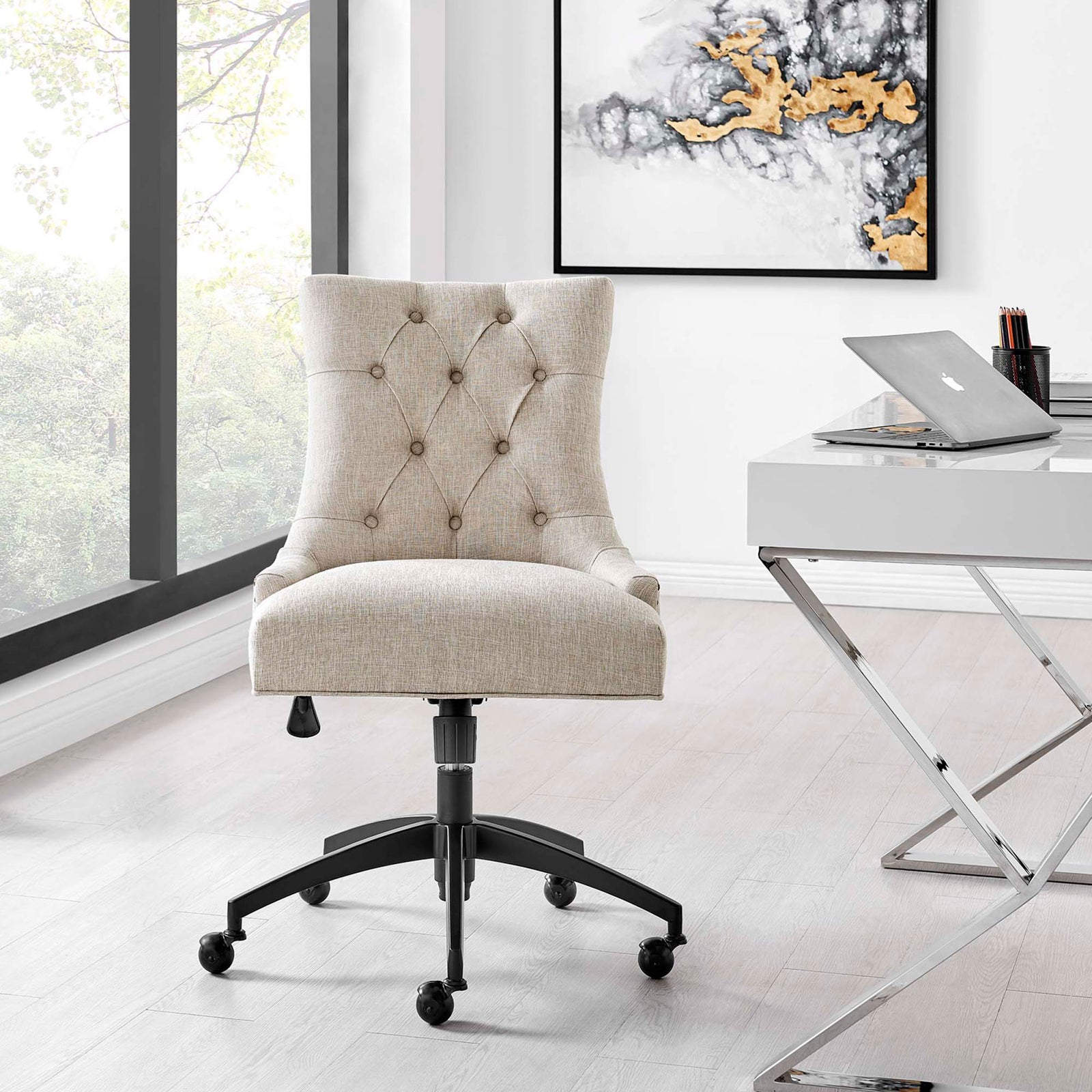 Beige tufted office chair centered at a modern desk, creating a polished home office look || EEI-4572-BLK-BEI || front_room