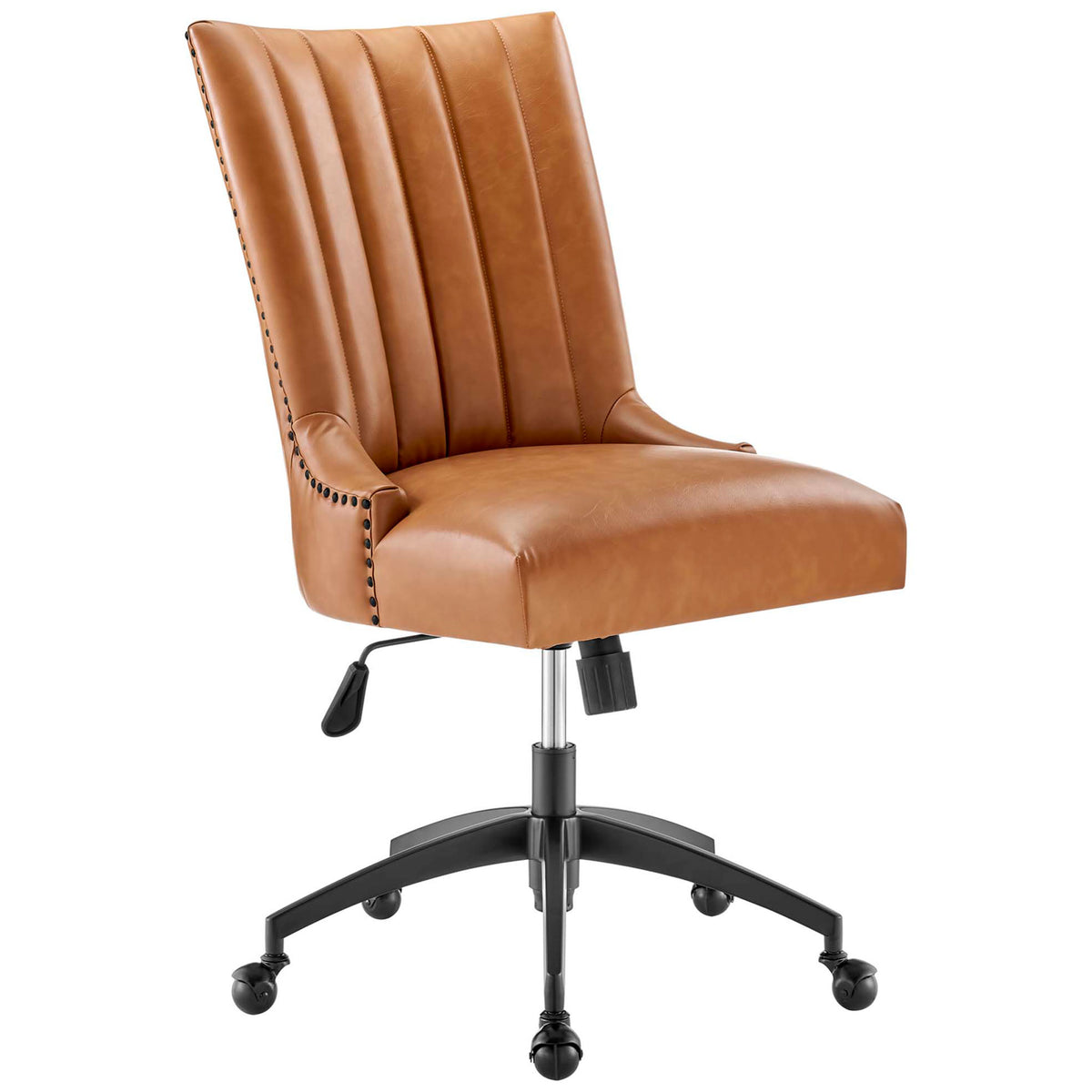 Tan vegan leather office chair with channel-tufted backrest and plush seat on rolling base || EEI-4577-BLK-TAN || front_angle_studio