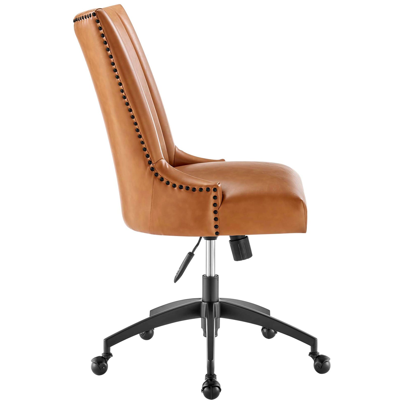 Tan vegan leather office chair with smooth armless silhouette and curved nailhead-trimmed back || EEI-4577-BLK-TAN || side_studio