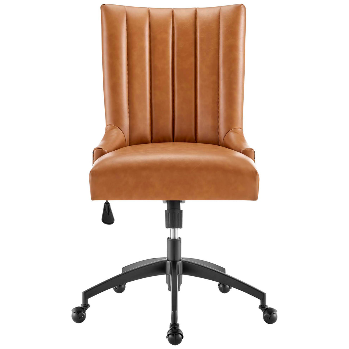 Tan channel-tufted vegan leather office chair with nailhead trim and black 5-star caster base || EEI-4577-BLK-TAN || front_studio