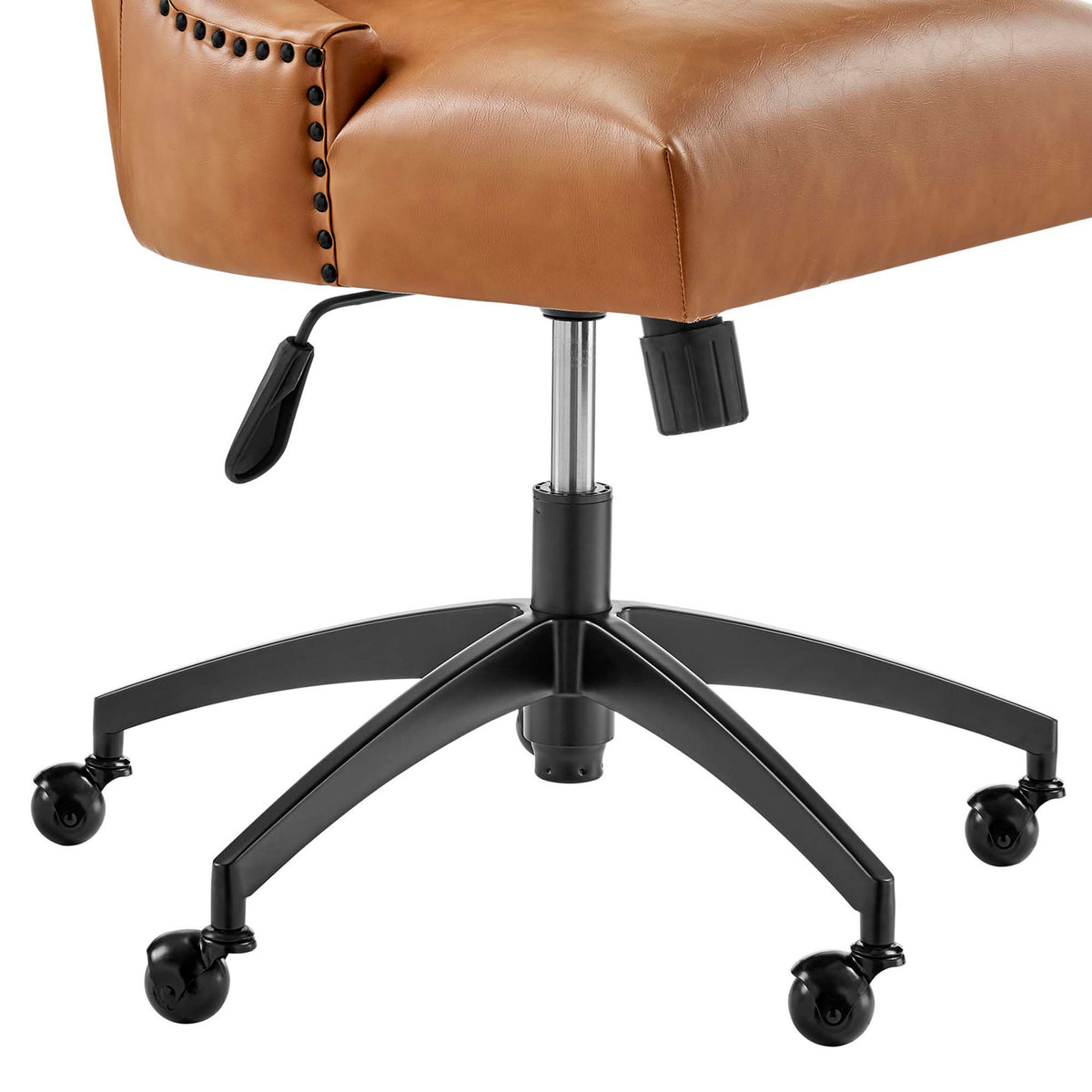 Black metal 5-star base with ball casters and chrome lift beneath tan cushioned office seat || EEI-4577-BLK-TAN || leg_studio