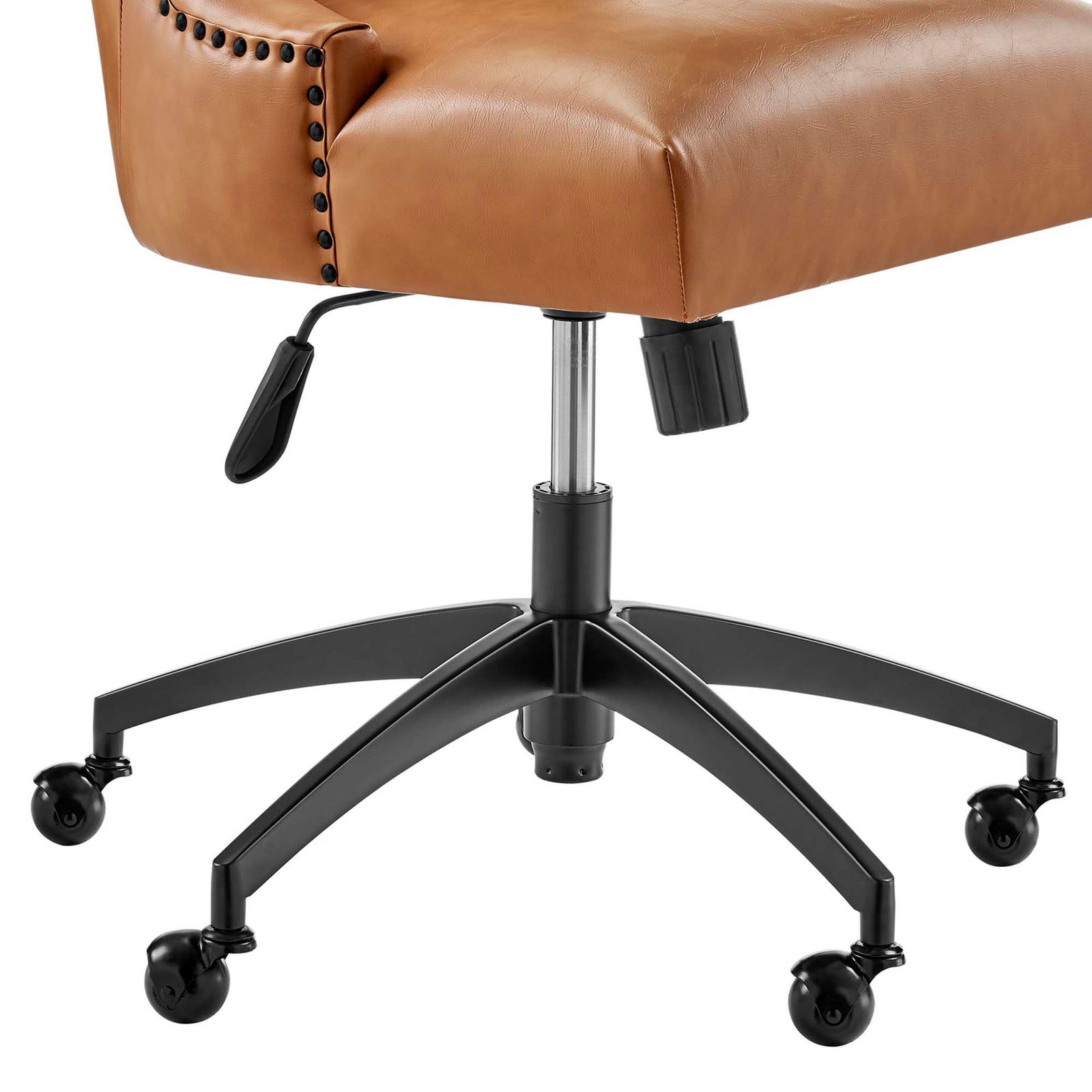 Black metal 5-star base with ball casters and chrome lift beneath tan cushioned office seat || EEI-4577-BLK-TAN || leg_studio