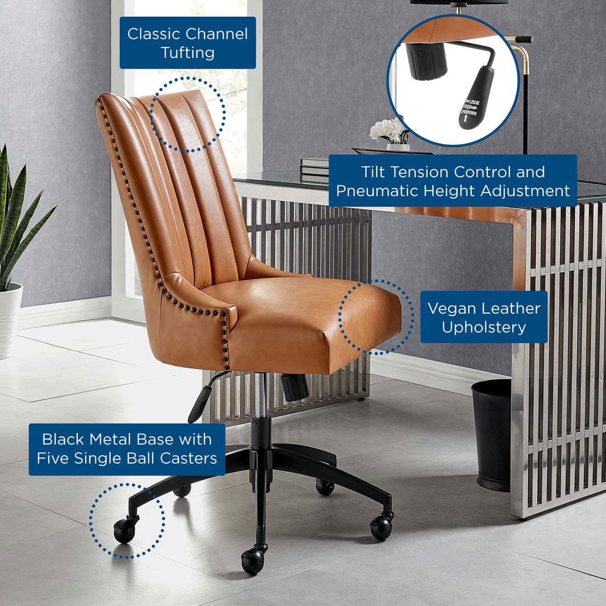 Tan channel-tufted vegan leather office chair in modern workspace highlighting adjustable comfort features || EEI-4577-BLK-TAN || callout_room