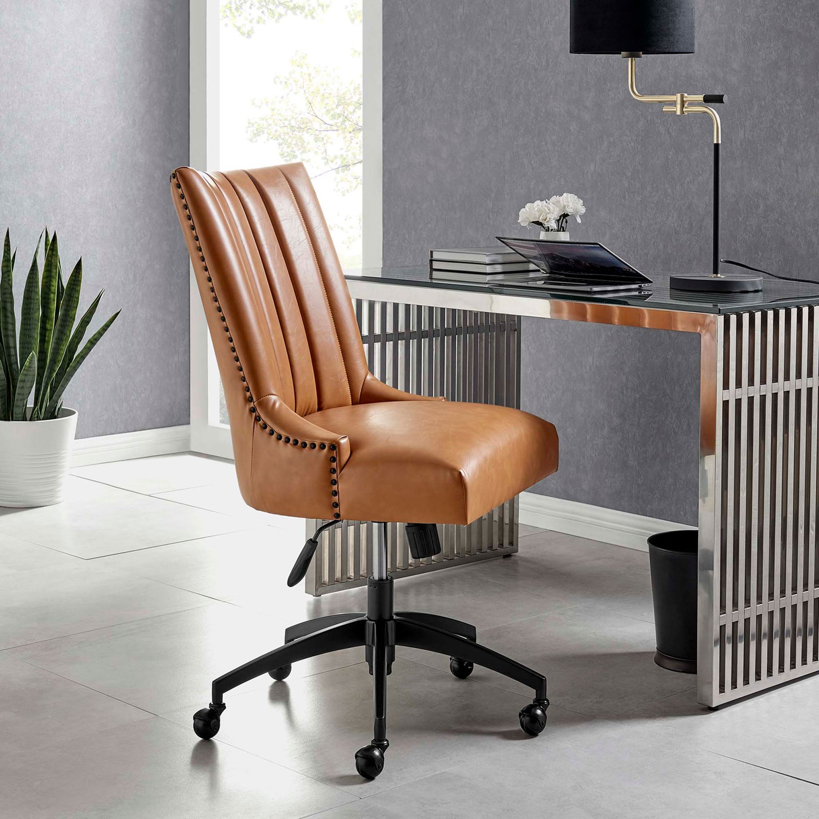 Tan vegan leather office chair beside sleek metal desk in bright contemporary home office || EEI-4577-BLK-TAN || front_angle_room