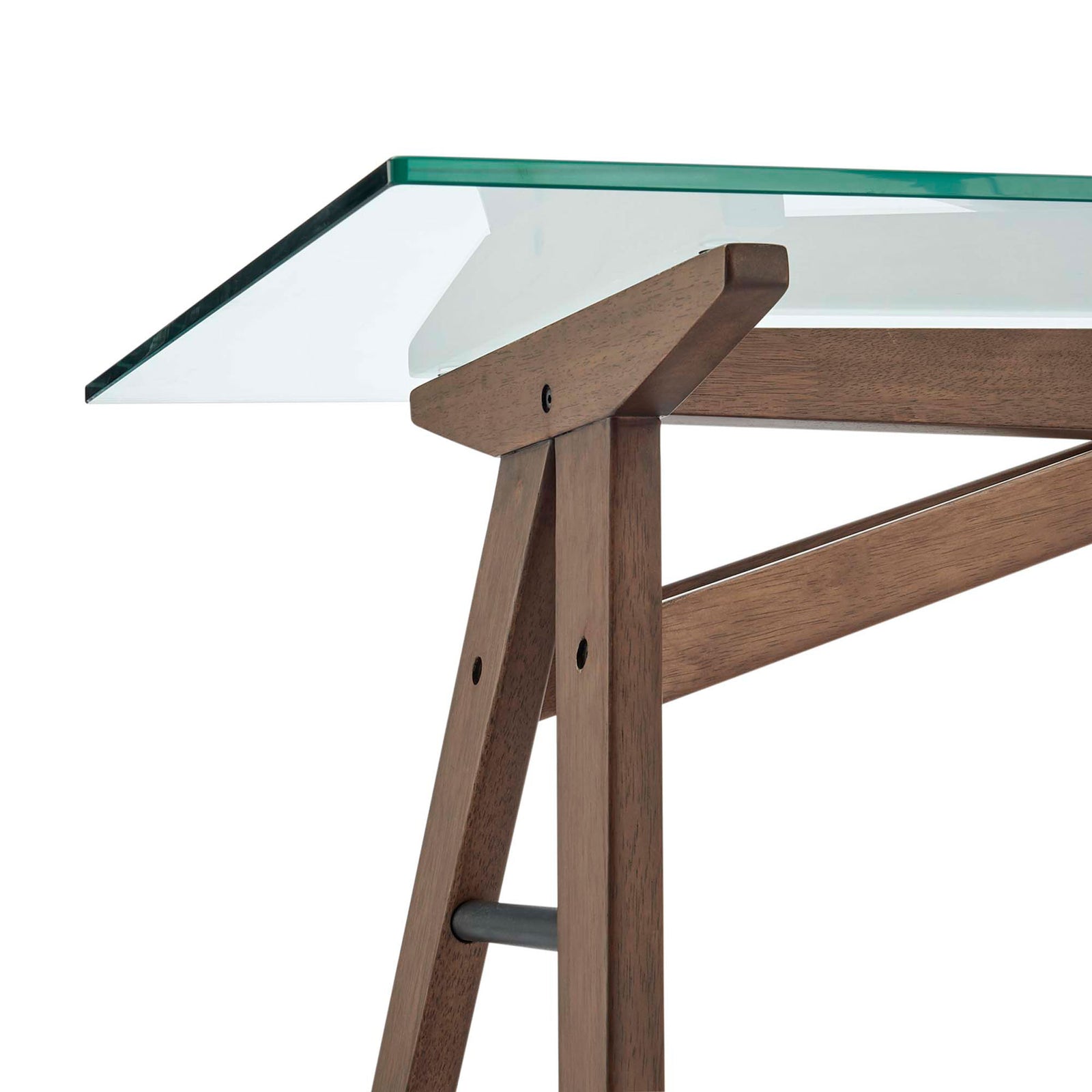 Thick 0.5-inch tempered glass with beveled edge rests on precision-fitted walnut supports || EEI-4580-WAL || detail_studio