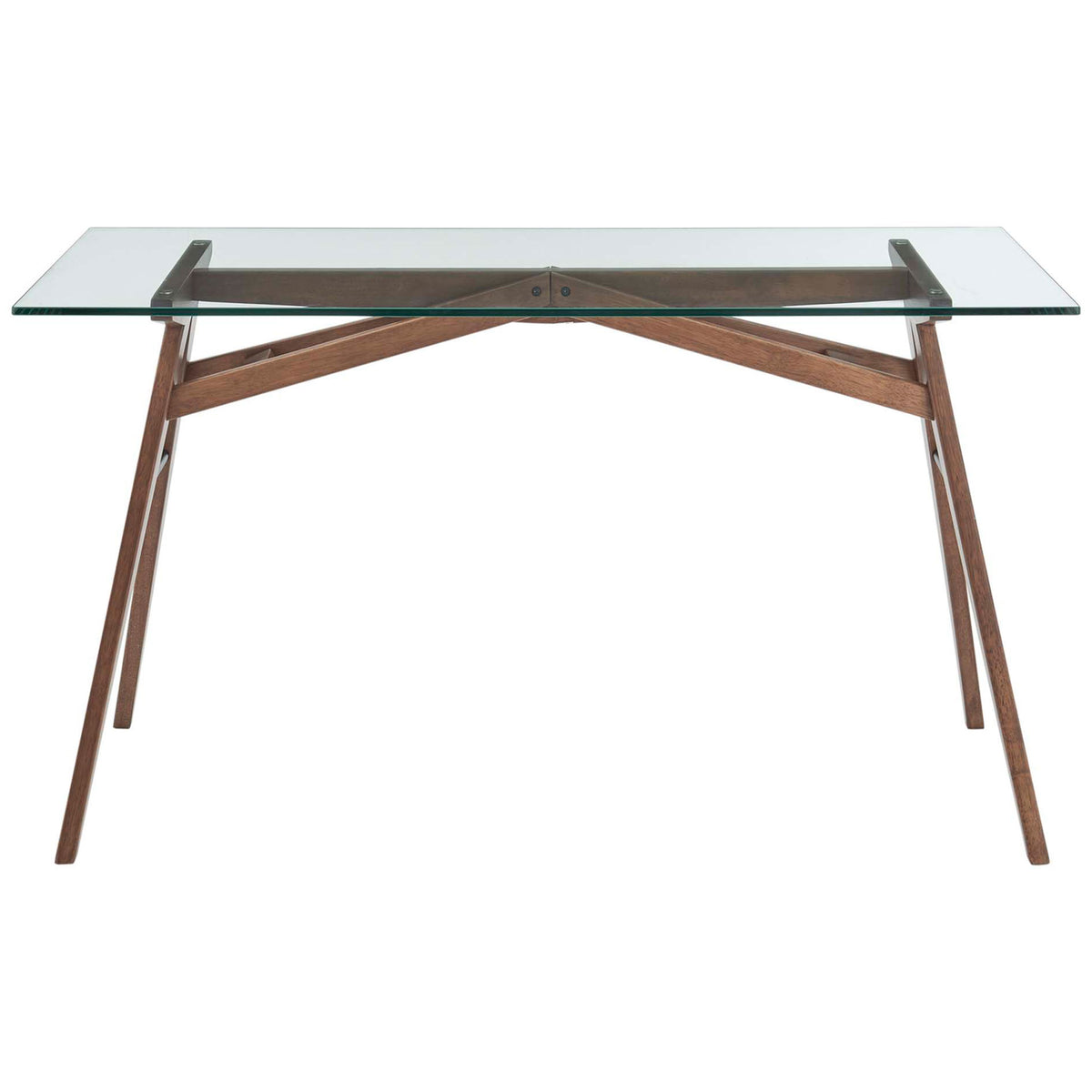 Sleek glass-top desk with walnut trestle base and mid-century lines for a refined workspace || EEI-4580-WAL || front_studio