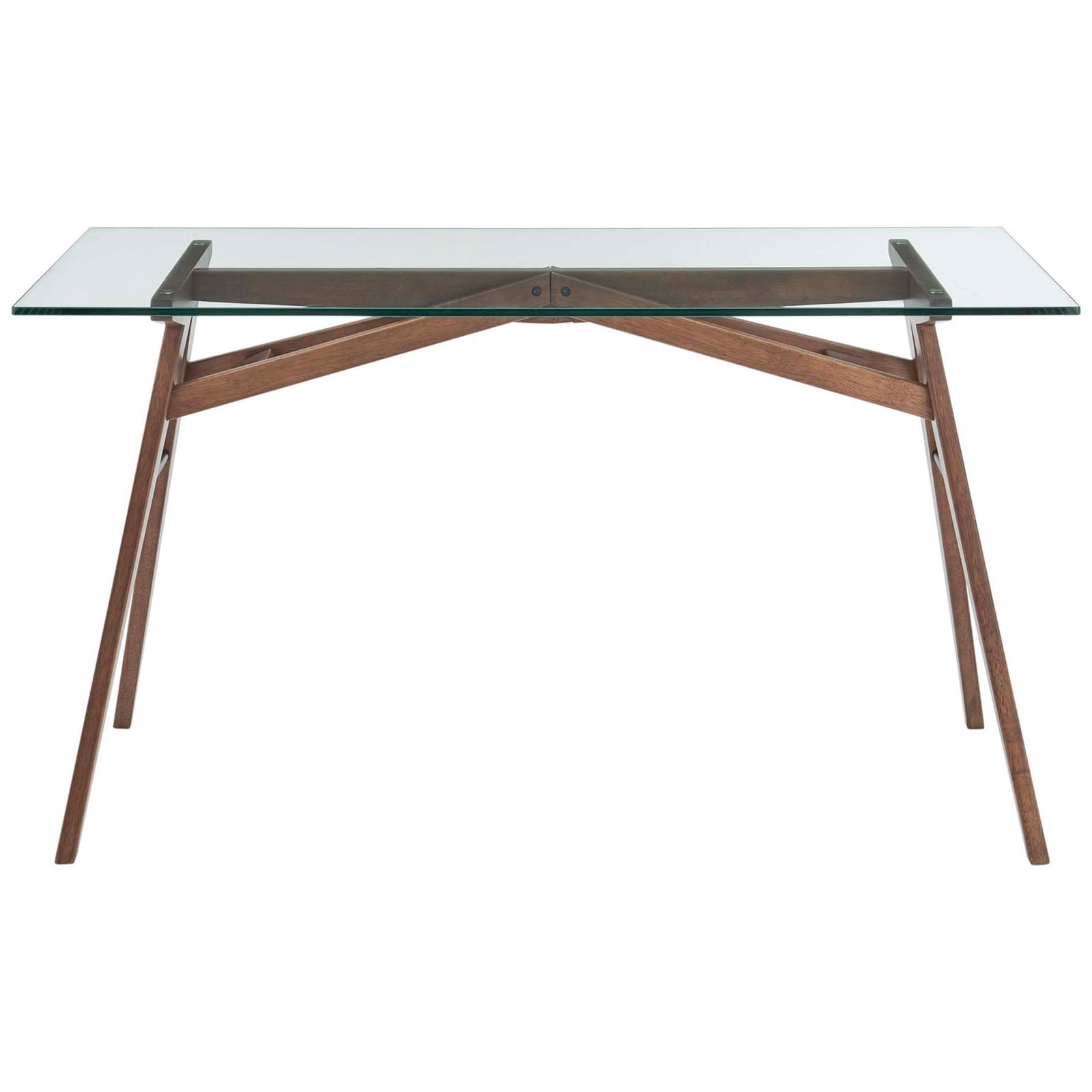 Sleek glass-top desk with walnut trestle base and mid-century lines for a refined workspace || EEI-4580-WAL || front_studio