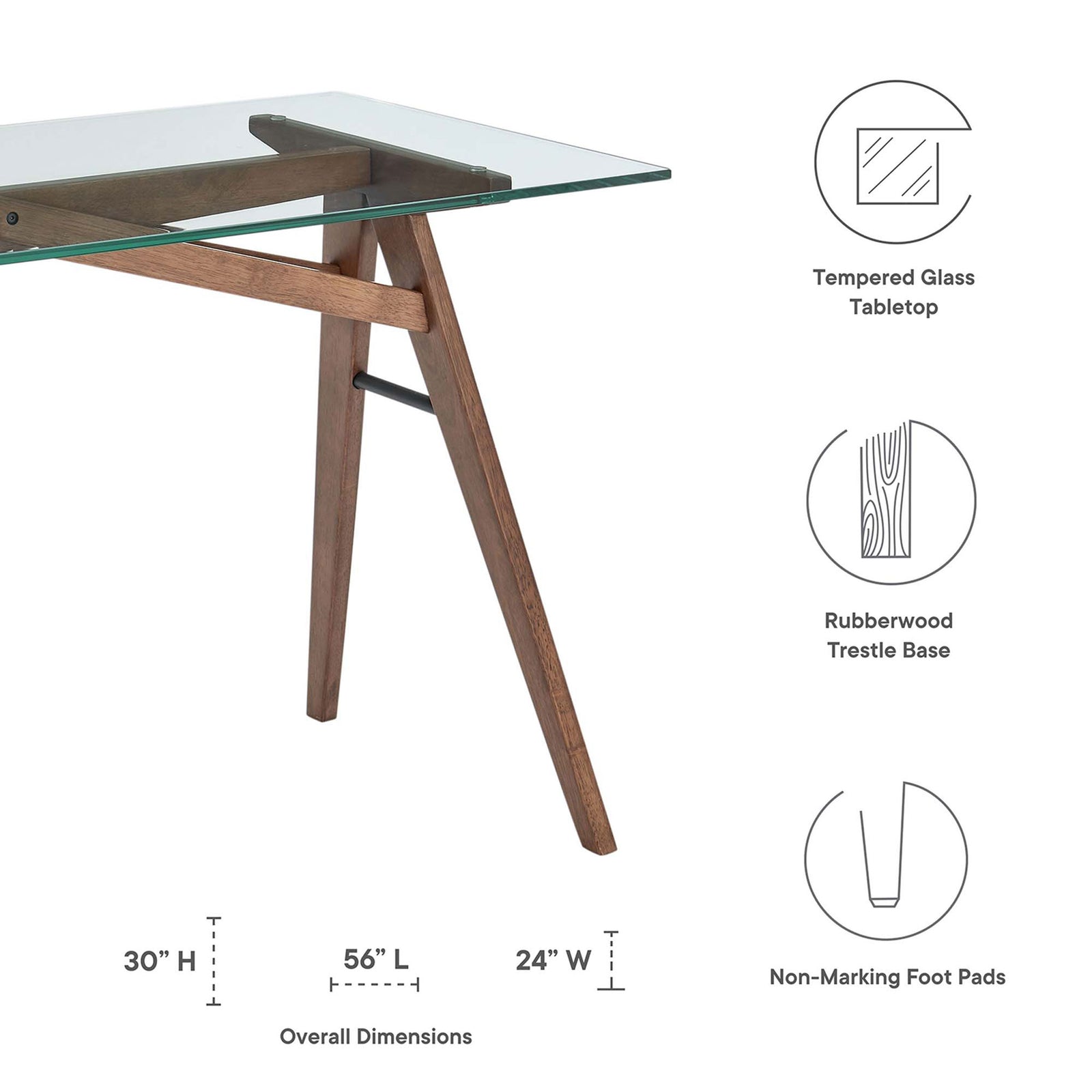 Key features highlighted: tempered glass top, rubberwood trestle base, and non-marking foot pads || EEI-4580-WAL || dimension_studio