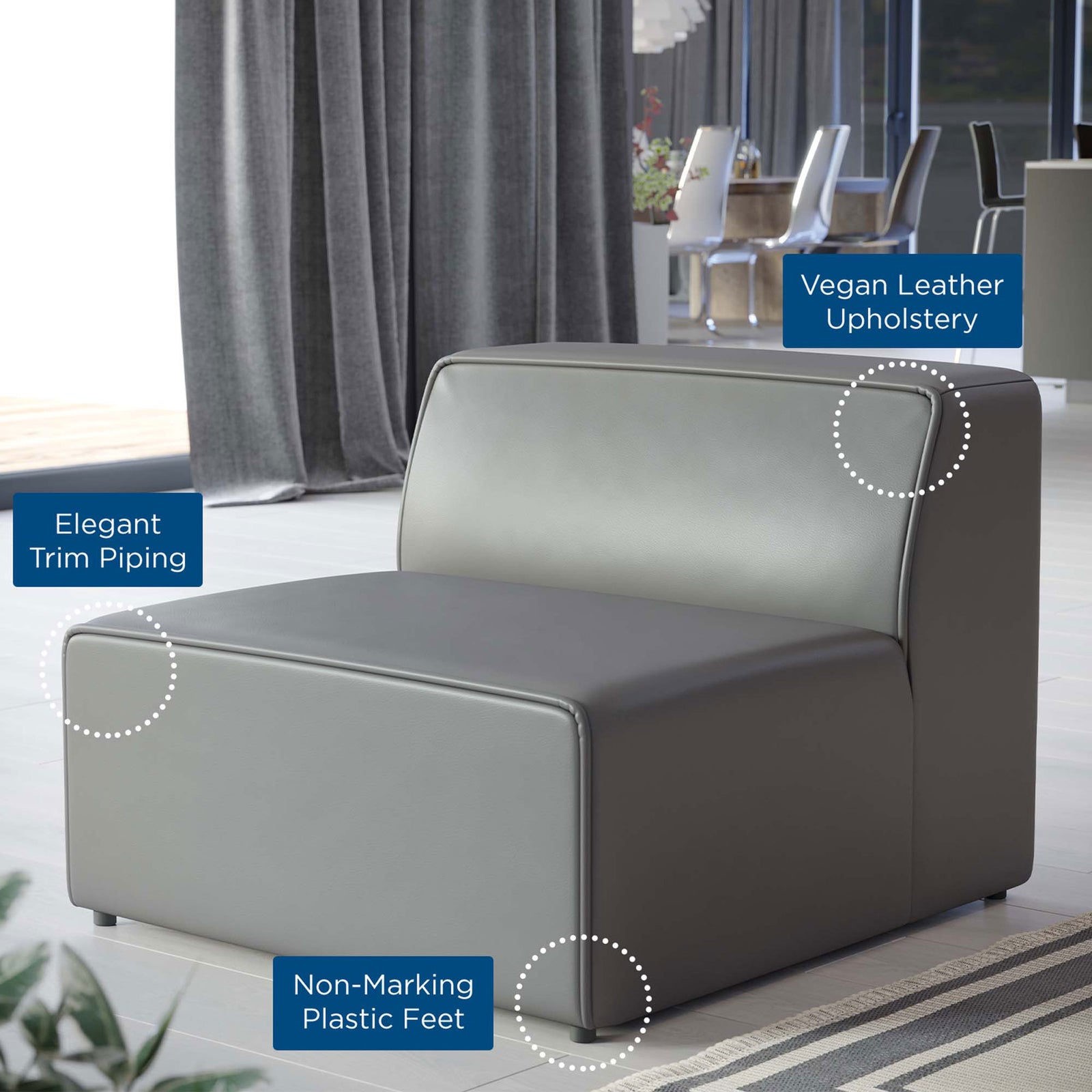 Key features: vegan leather upholstery, elegant trim piping, and non-marking plastic feet || EEI-4623-GRY || callout_room