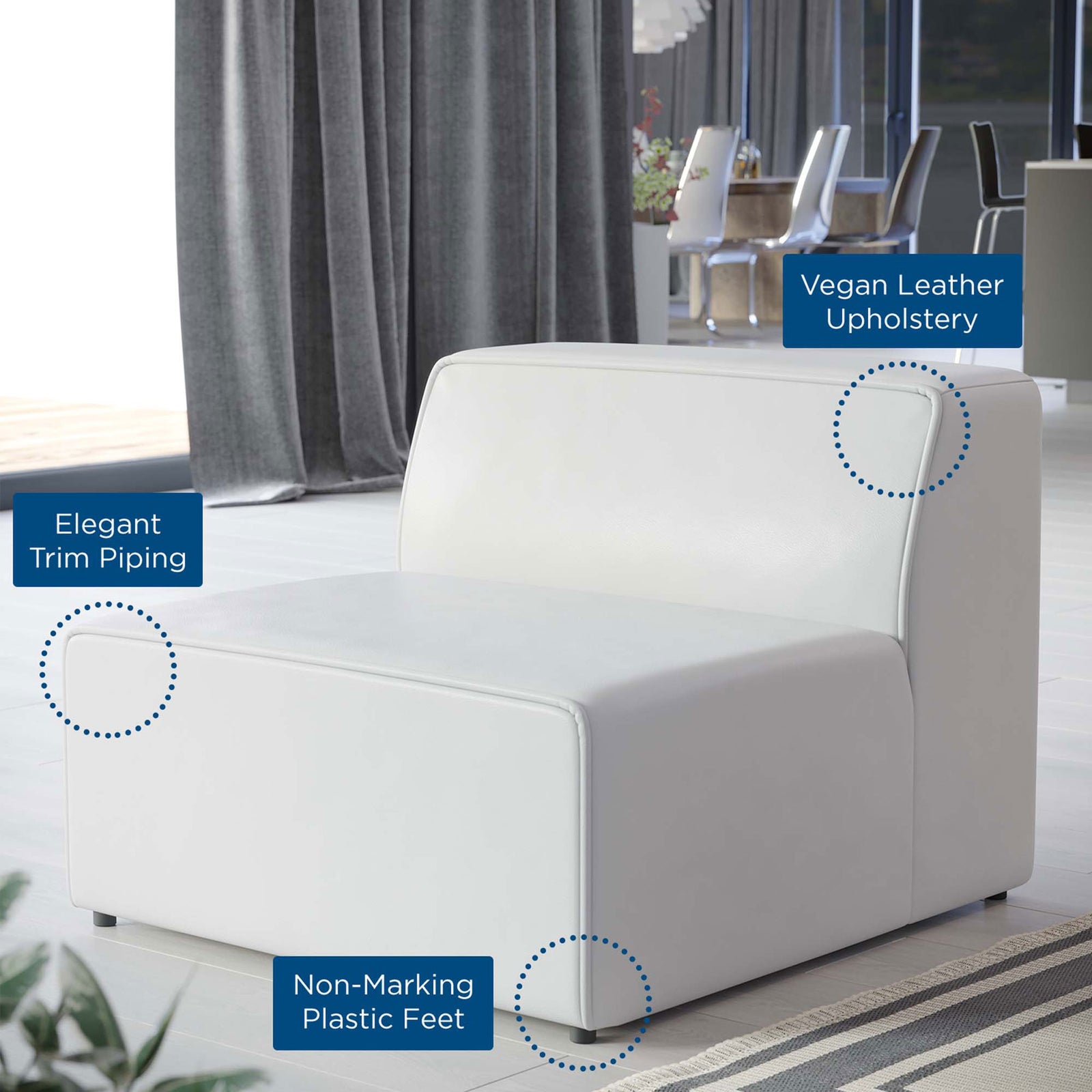 White vegan leather armless chair highlighting trim piping and non-marking feet for modern living rooms || EEI-4623-WHI || callout_room