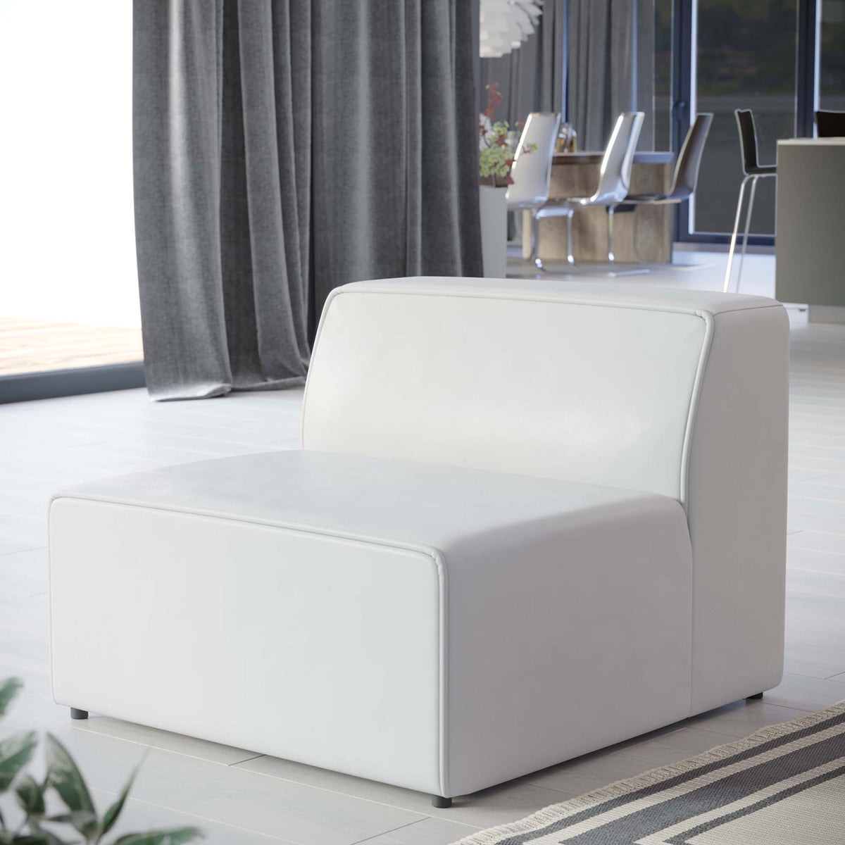 Contemporary white armless chair brings clean comfort to the living space with smooth vegan leather || EEI-4623-WHI || front_angle_room