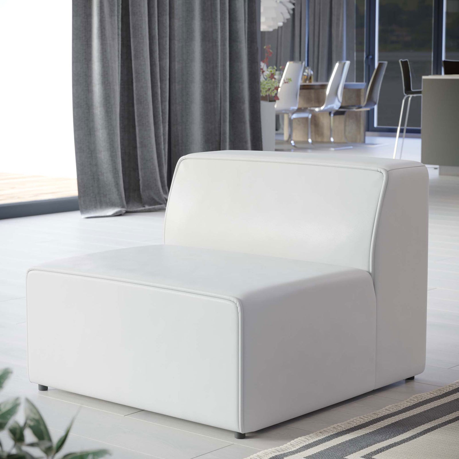 Contemporary white armless chair brings clean comfort to the living space with smooth vegan leather || EEI-4623-WHI || front_angle_room