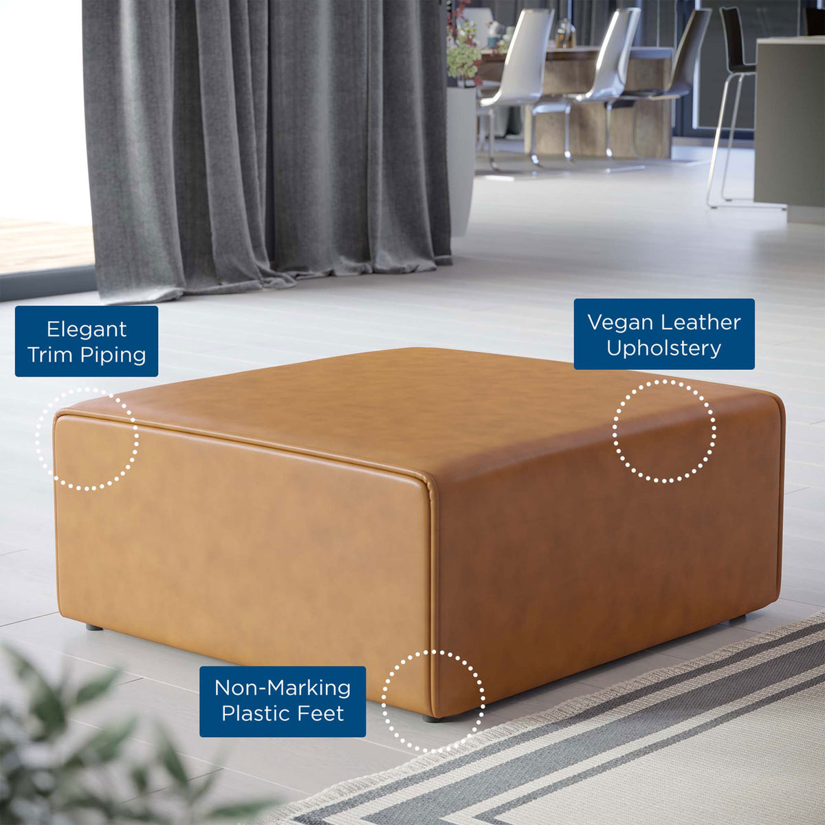 Tan vegan leather ottoman in a bright living space with callouts for piping, upholstery, and non-marking feet || EEI-4624-TAN || callout_room
