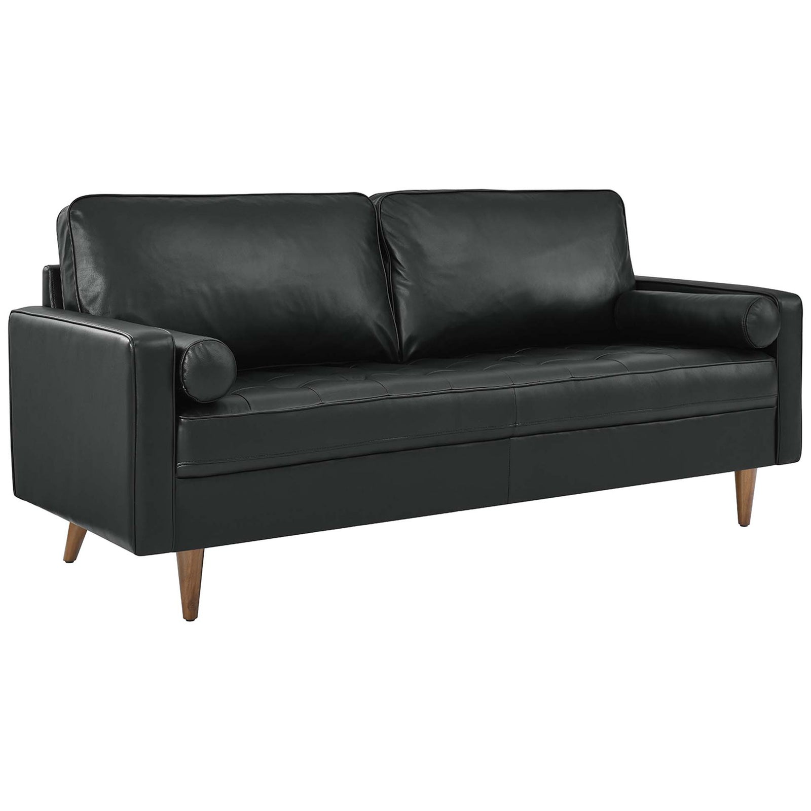 Modern 73 inch black leather apartment sofa with clean lines, biscuit tufting, and plush back cushions. || EEI-4633-BLK || front_angle_studio