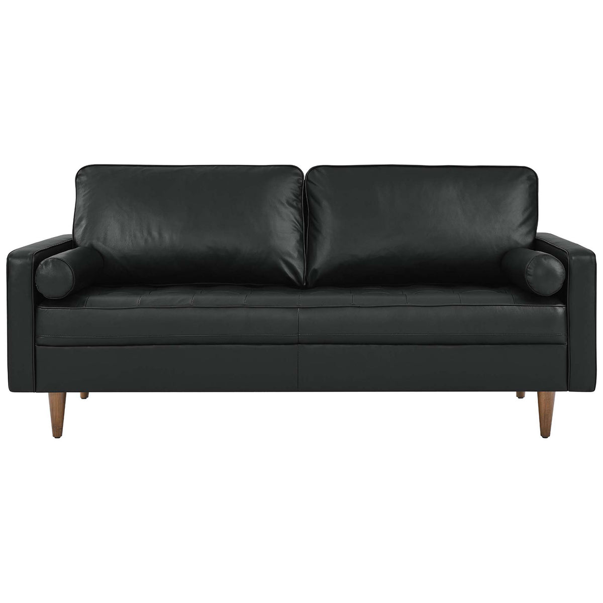 Sleek 73 inch black leather Valour sofa with tufted seat, bolster pillows, and walnut tapered legs. || EEI-4633-BLK || front_studio