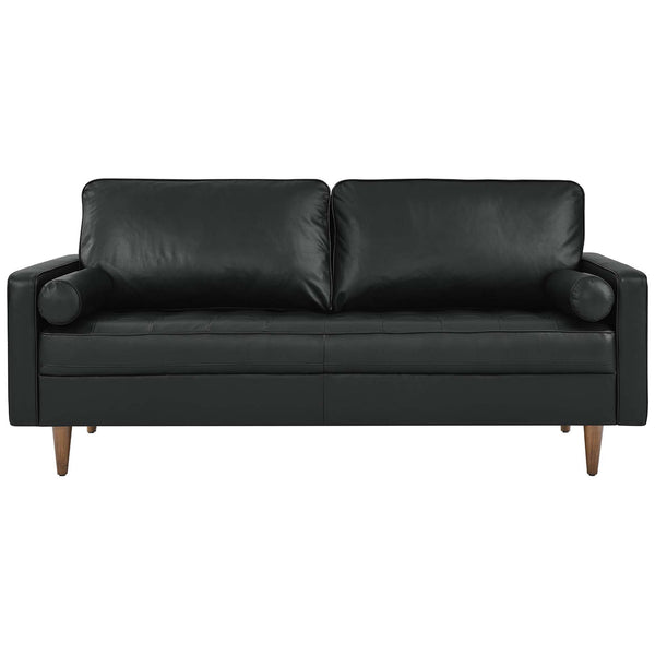 Sleek 73 inch black leather Valour sofa with tufted seat, bolster pillows, and walnut tapered legs. || EEI-4633-BLK || front_studio