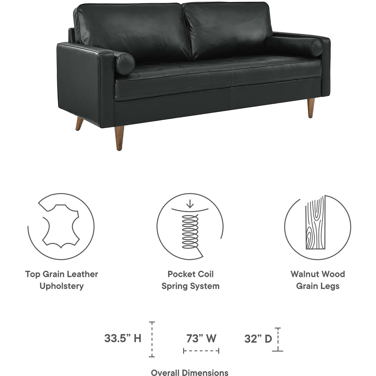 Valour 73 inch black leather sofa with pocket coil spring support, walnut wood legs, and clearly labeled dimensions. || EEI-4633-BLK || dimension_studio