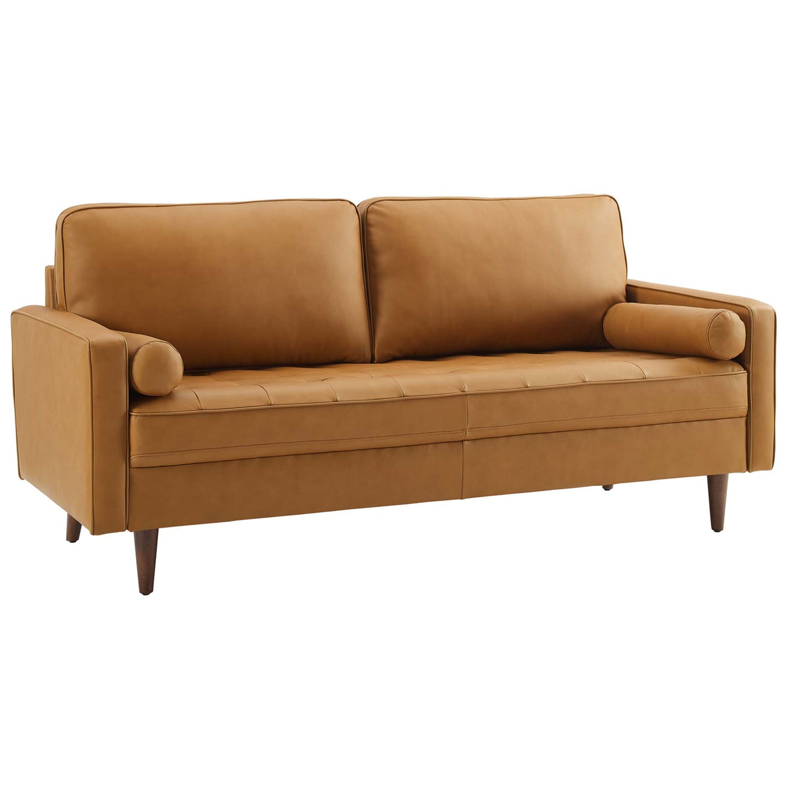 Tan leather mid-century sofa with tufted seat, bolster pillows, and tapered wood legs || EEI-4633-TAN || front_angle_studio