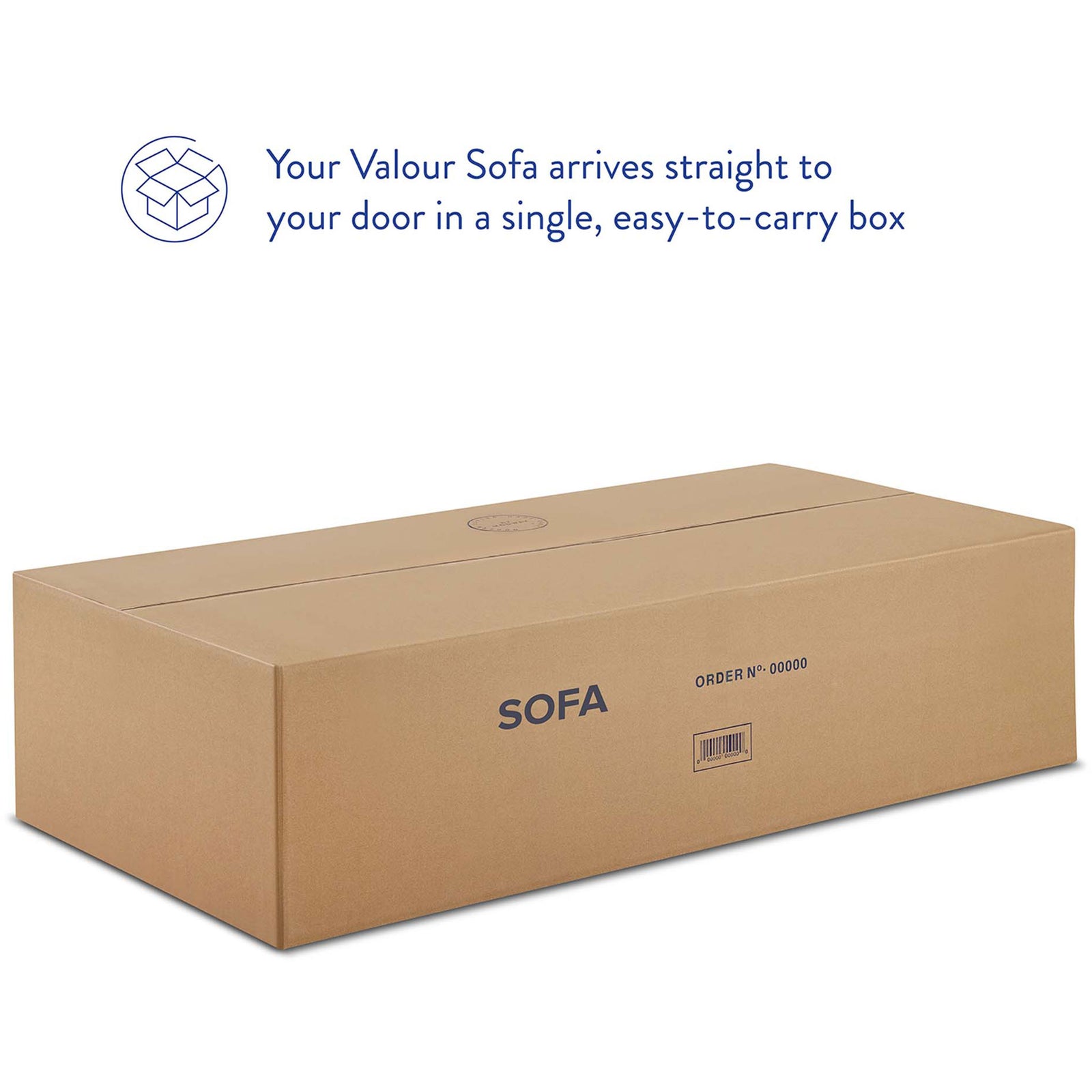Valour sofa packaged in a single easy-to-carry shipping box for convenient delivery || EEI-4633-TAN || package_studio