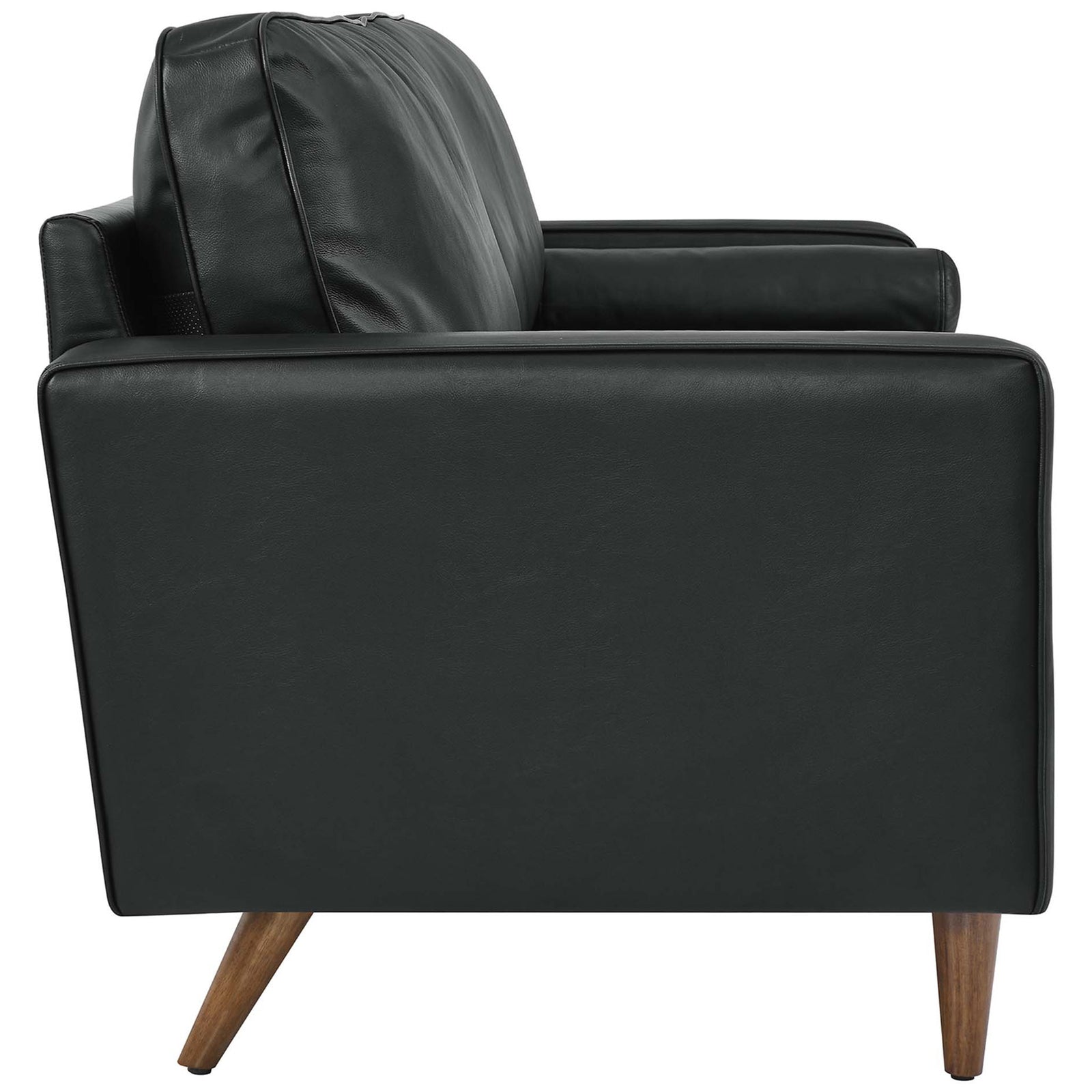 Slim track arms, generous seat depth, and smooth black leather upholstery define this streamlined 81 inch Valour sofa. || EEI-4634-BLK || side_studio