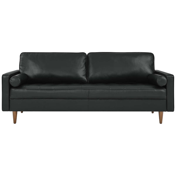 Spacious 81 inch Valour black leather sofa with biscuit tufted seat, bolster pillows, and mid century tapered legs. || EEI-4634-BLK || front_studio