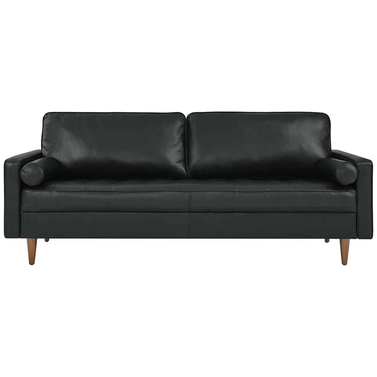 Spacious 81 inch Valour black leather sofa with biscuit tufted seat, bolster pillows, and mid century tapered legs. || EEI-4634-BLK || front_studio