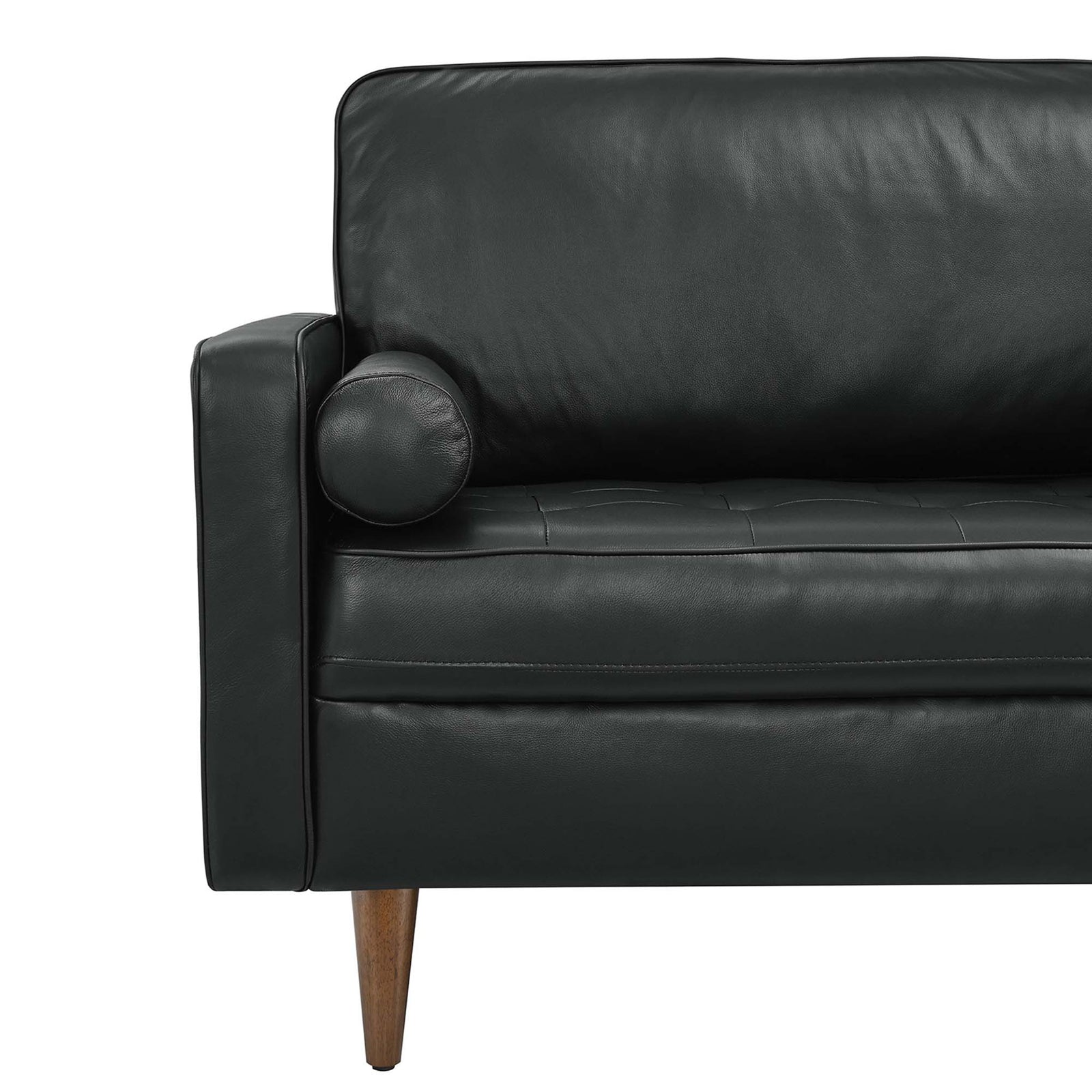 Plush back cushion, rounded bolster pillow, and padded track arm highlight the comfort and support of the Valour sofa. || EEI-4634-BLK || detail_studio